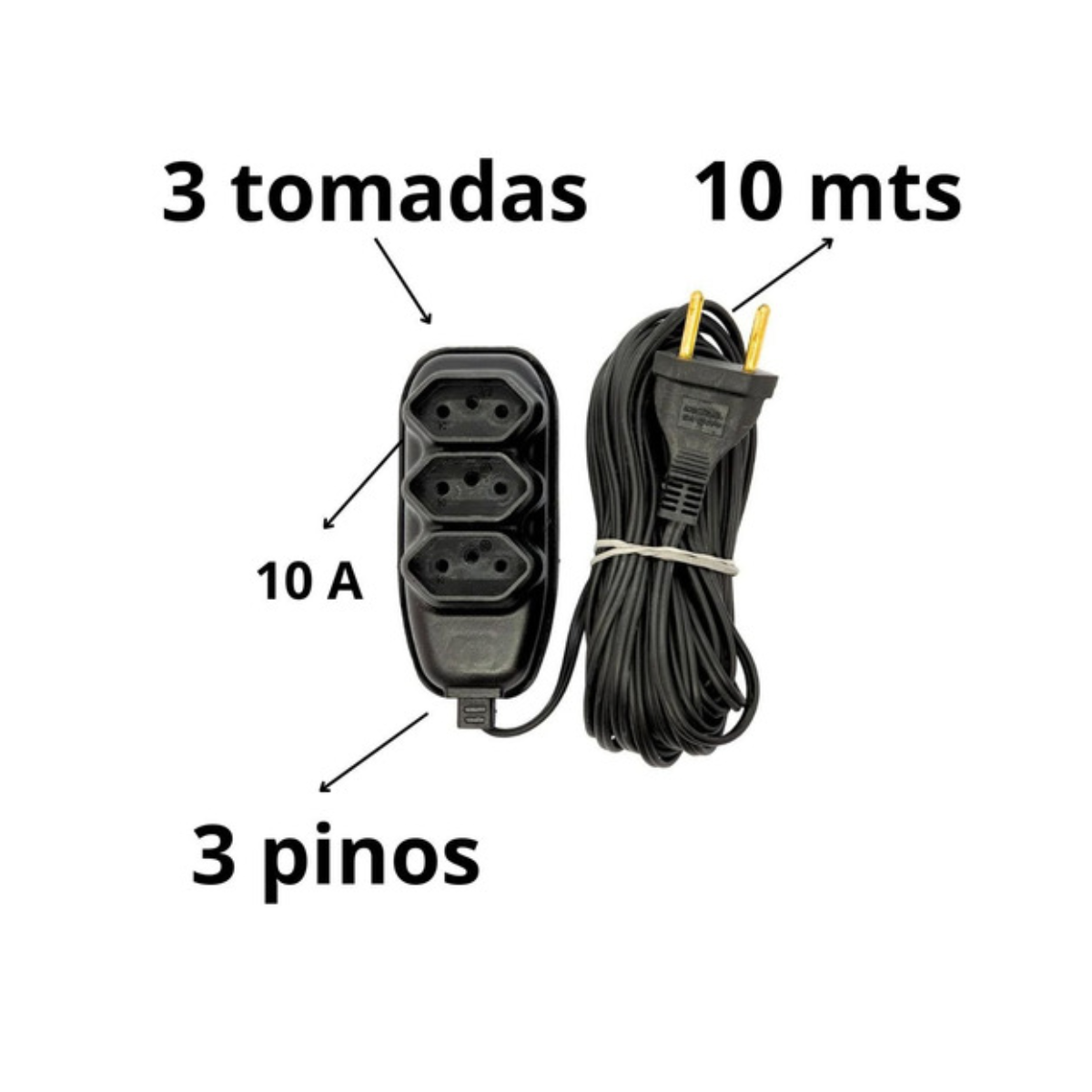xtensão Elétrica 3 Metros Bivolt Preto 3 Tomada Tripolar