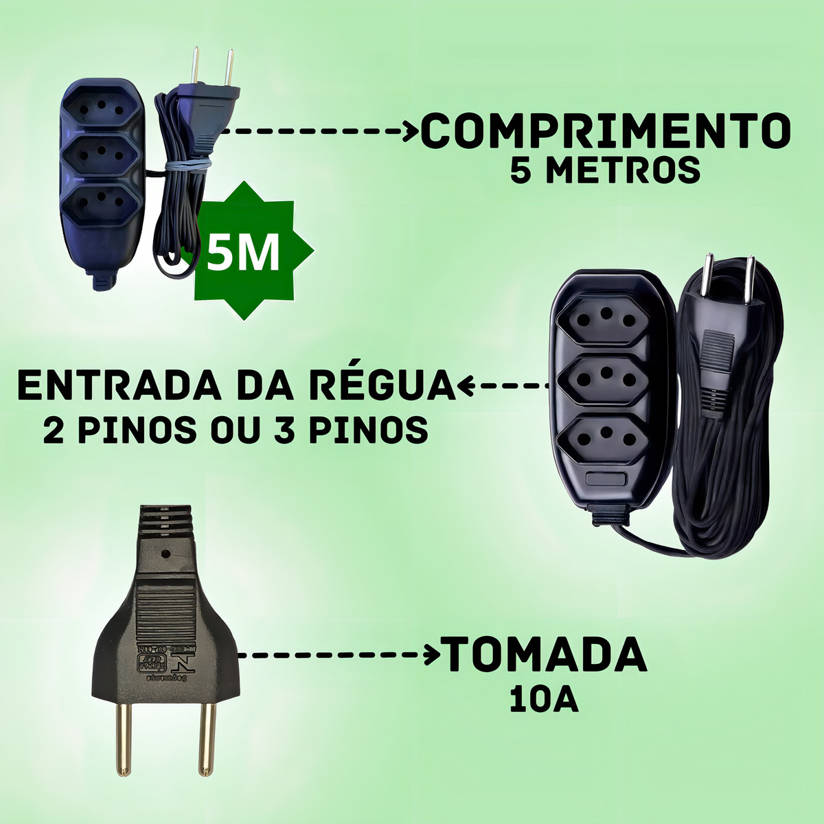 Extensão Elétrica 5 Metros Bivolt 3 Saídas Preto