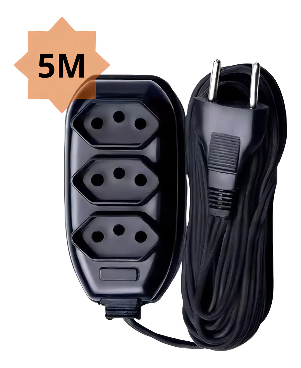 Extensão Elétrica 5 Metros Bivolt 3 Saídas Preto
