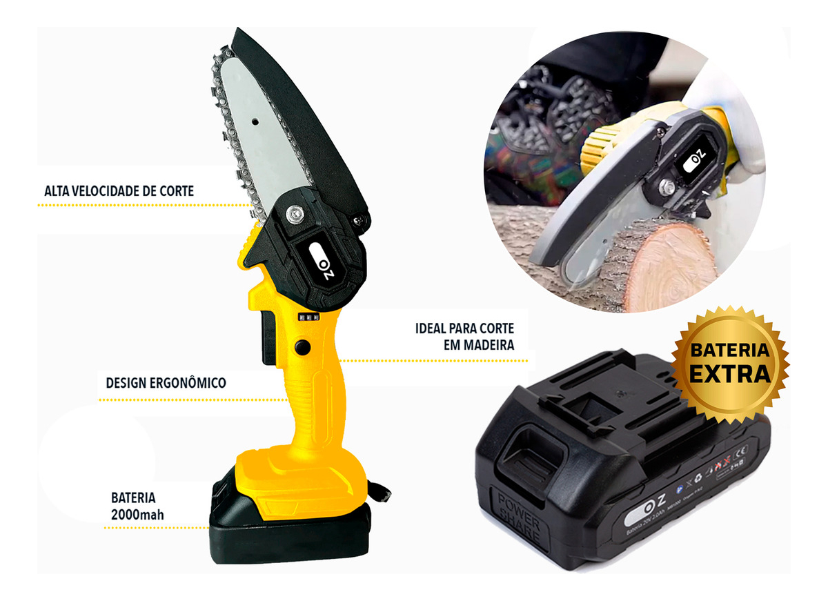 Mini Moto Serra Elétrica 2 Baterias Recarregável Com Maleta Poda Galho Jardinagem Ms1000 Oz Marca Oz Categoria Ferramentas Unidade