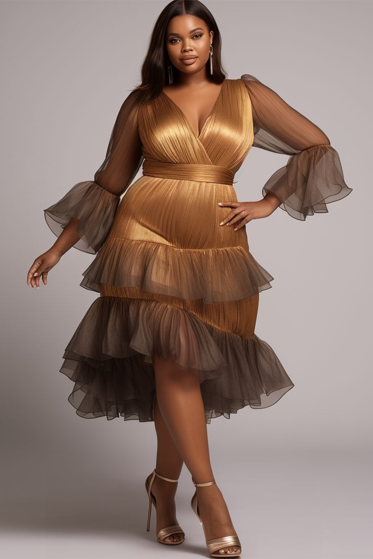 Elegant Gold and Brown Layered Dress