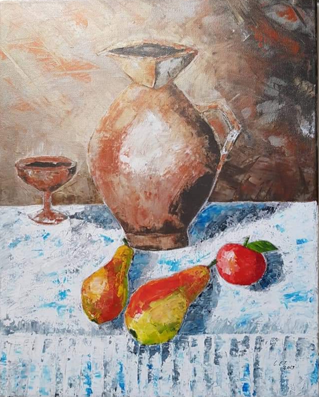 Bronze Jar with whine and fruits 
