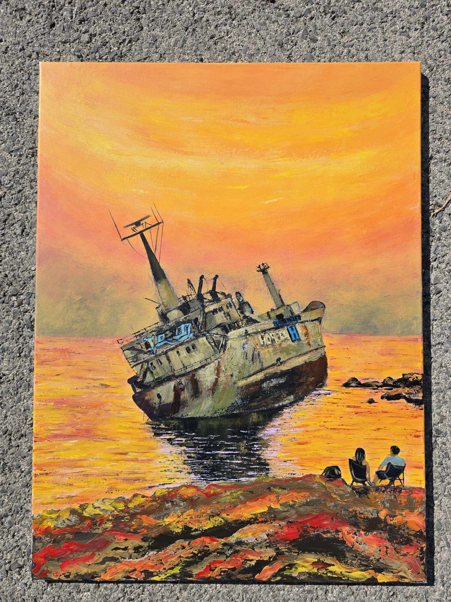 Abstract Sunset Shipwreck Painting, Paphos Shipwreck