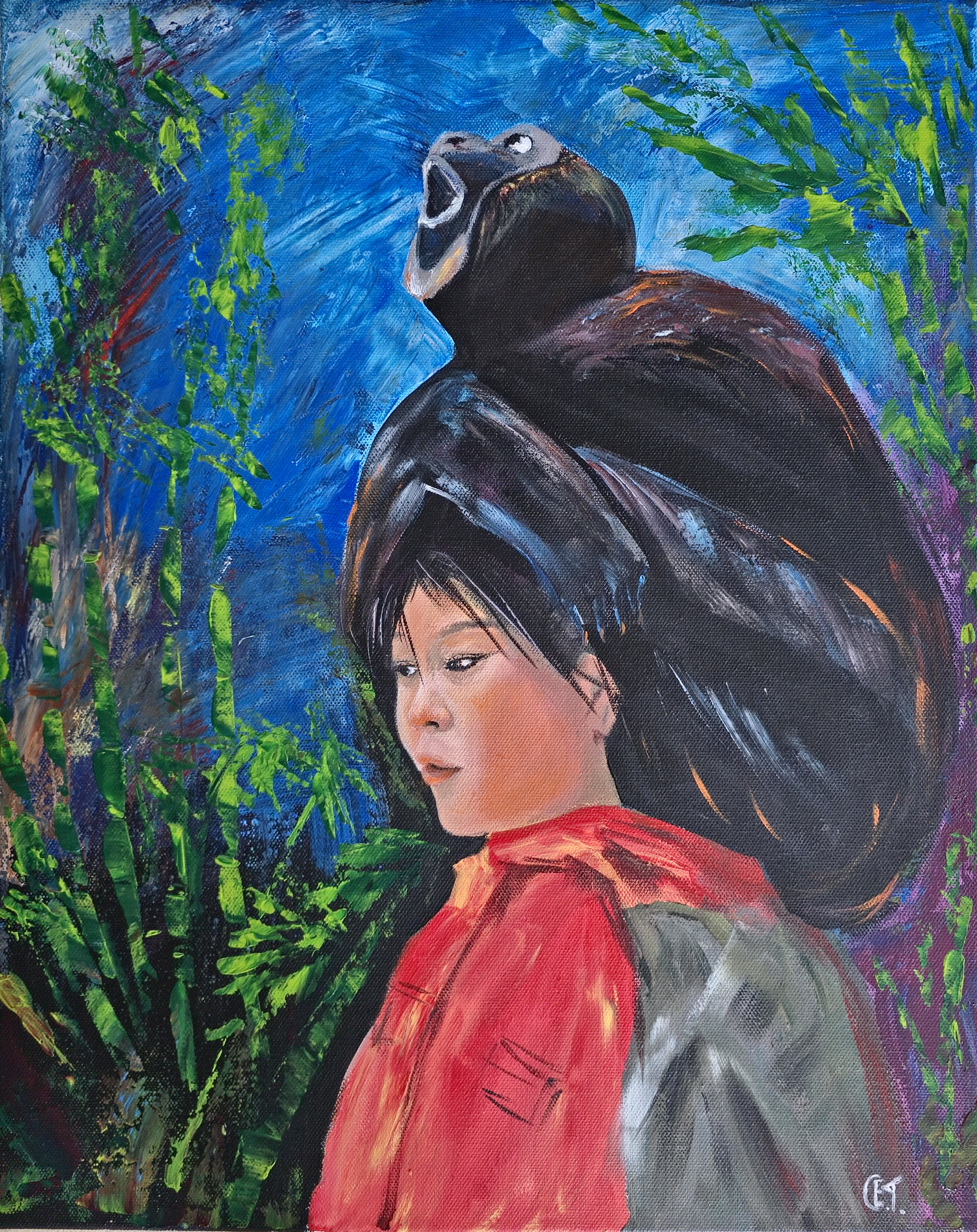Original Hand-Painted Portrait, of an Asian Beautiful Girl and her hat pet, Gibbon 