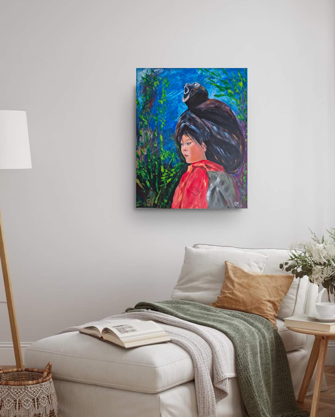 Original Hand-Painted Portrait, of an Asian Beautiful Girl and her hat pet, Gibbon 
