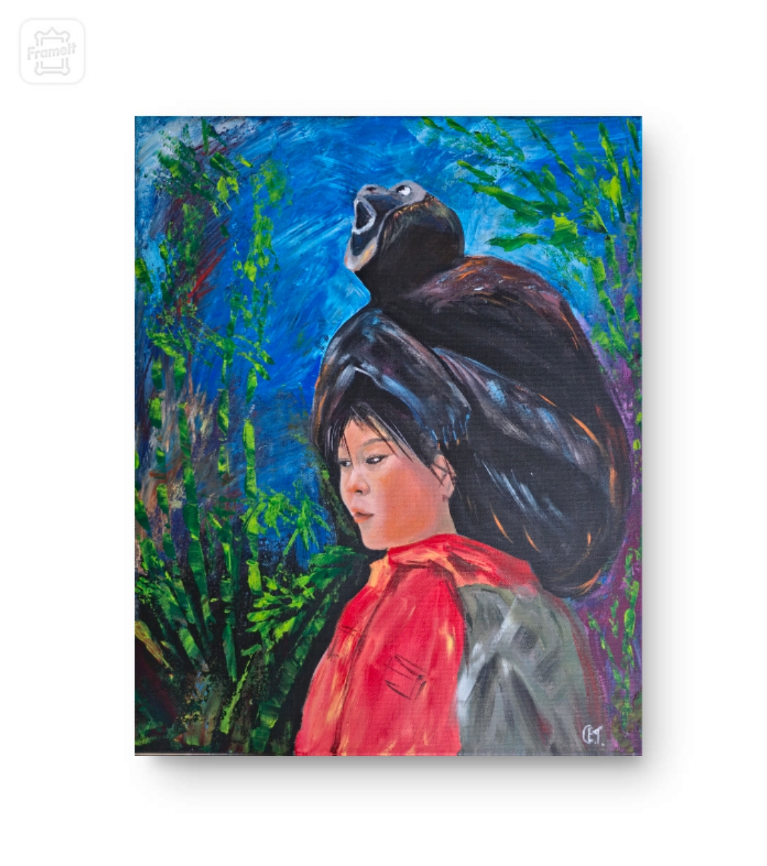 Original Hand-Painted Portrait, of an Asian Beautiful Girl and her hat pet, Gibbon 