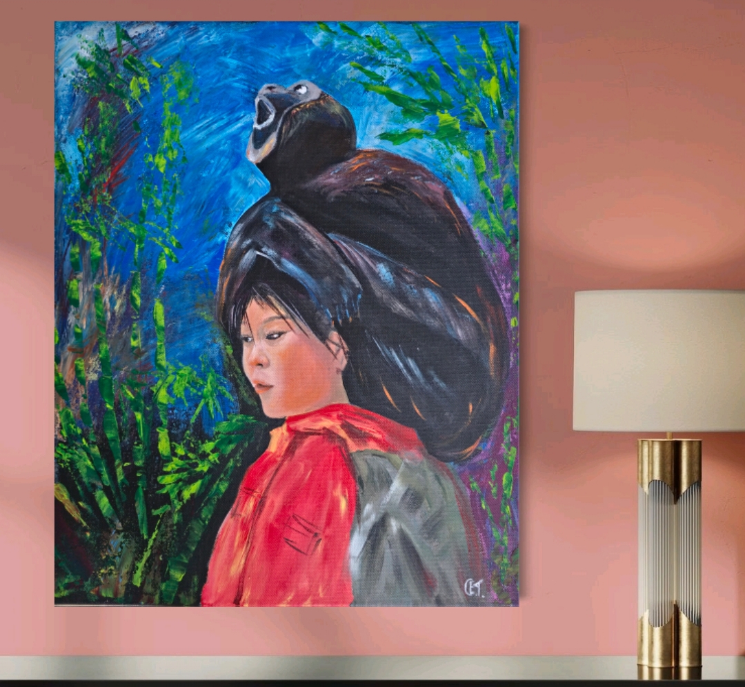 Original Hand-Painted Portrait, of an Asian Beautiful Girl and her hat pet, Gibbon 