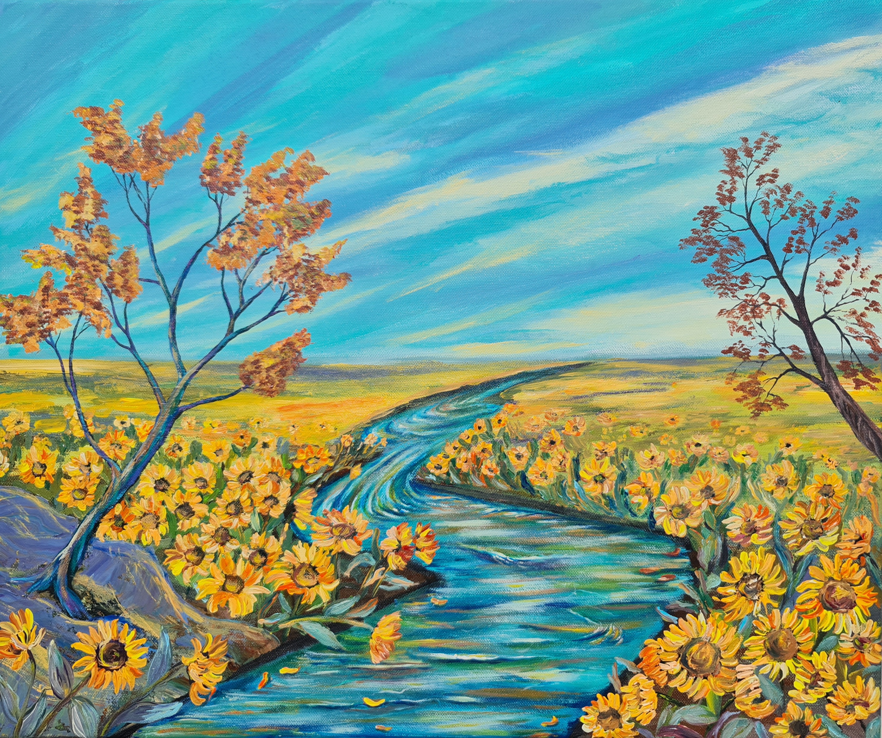 Landscape Painting with Sunflowers