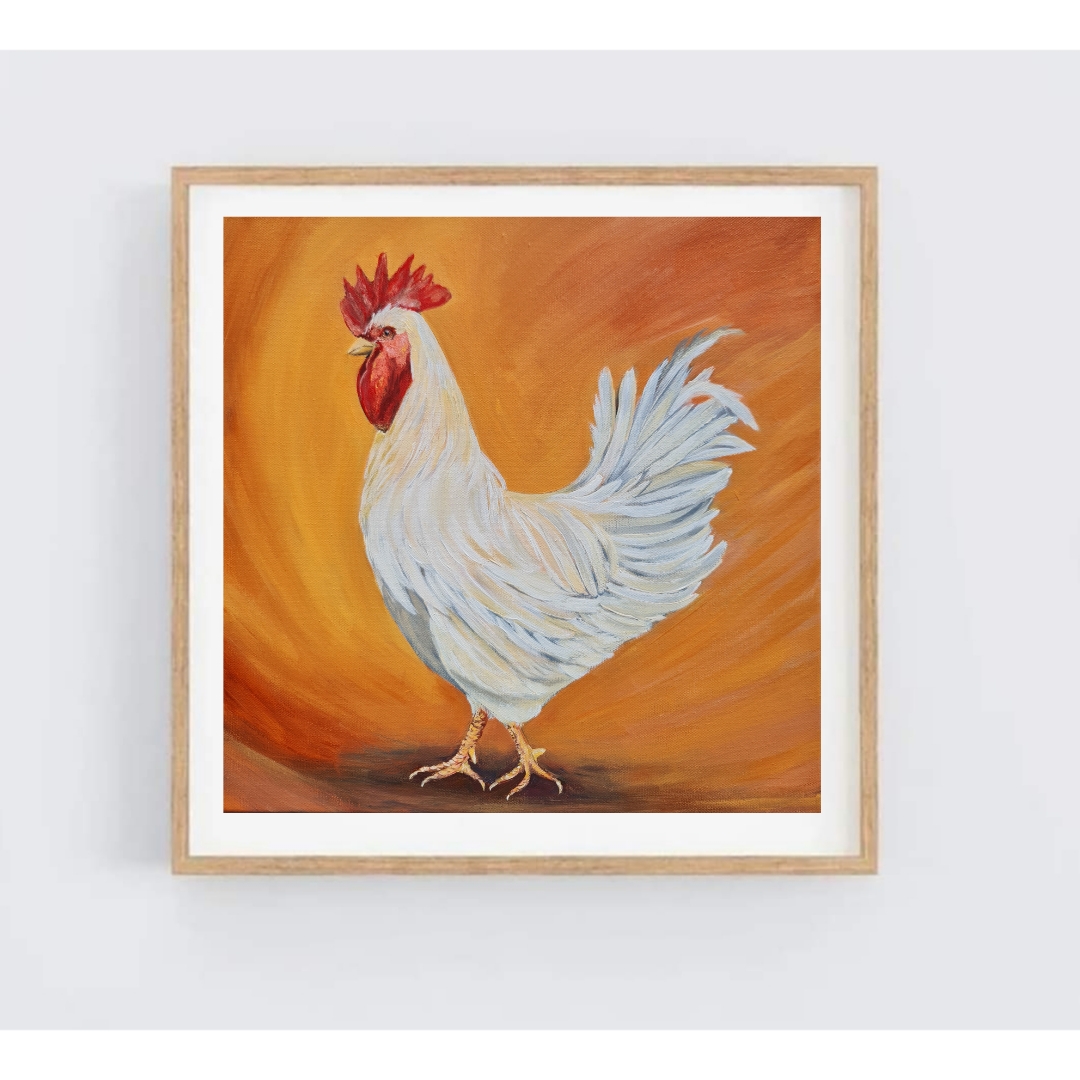 Hand-Painted Rooster Artwork, White Rooster