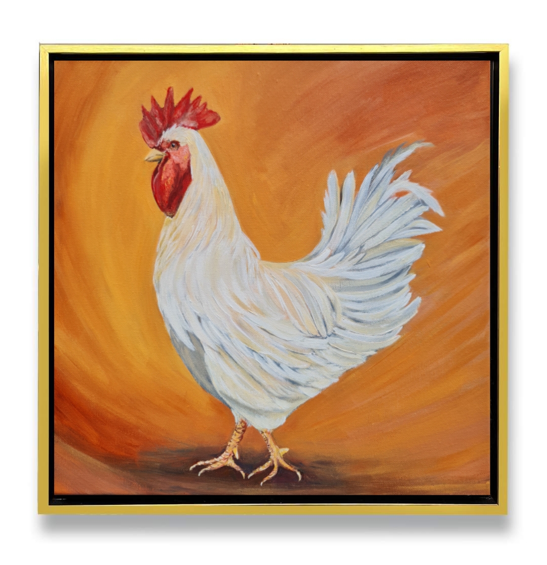 Hand-Painted Rooster Artwork, White Rooster
