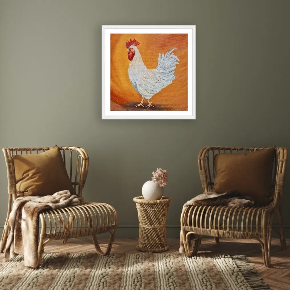 Hand-Painted Rooster Artwork, White Rooster