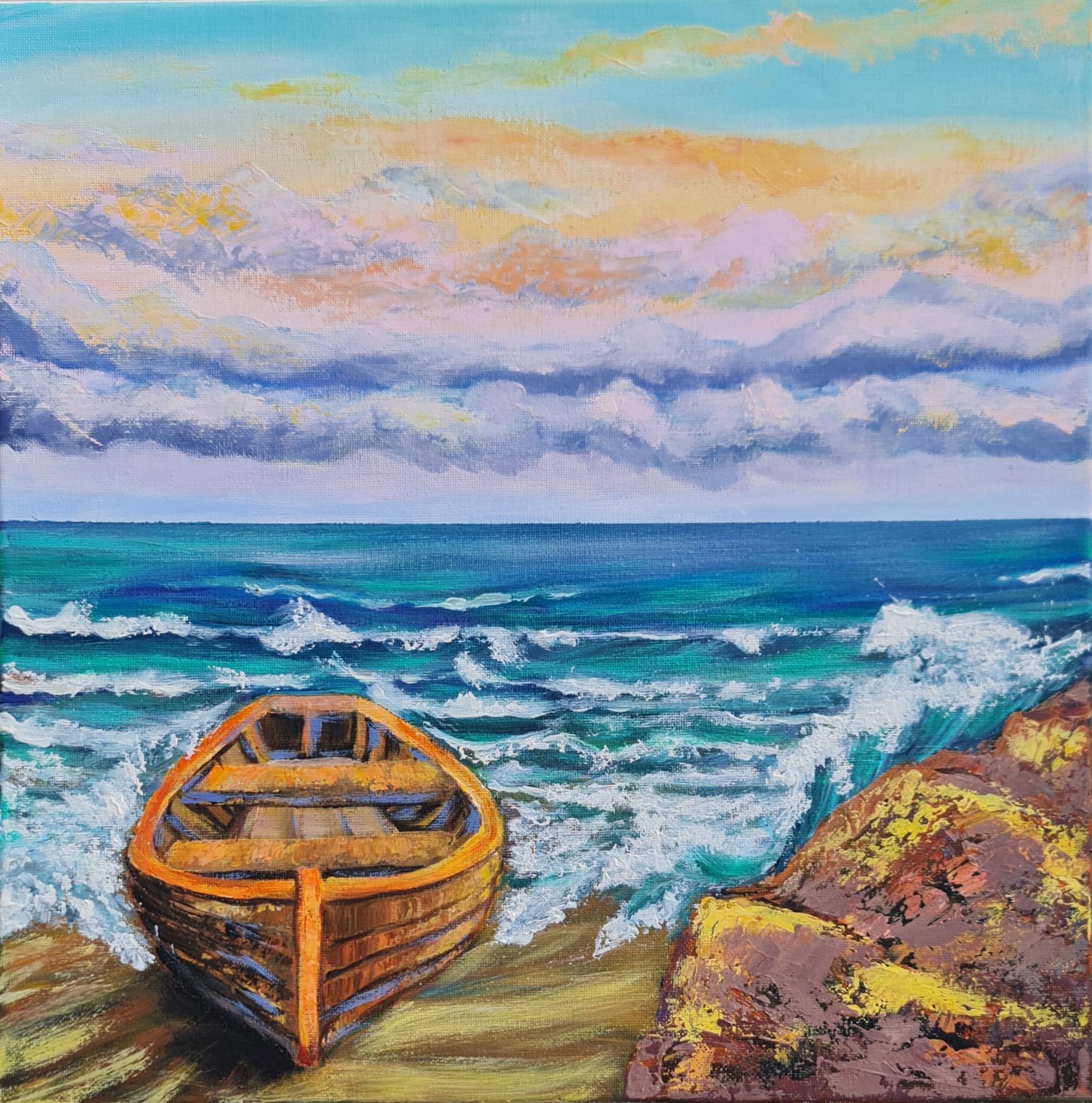 Seascape Painting, Wooden boat 