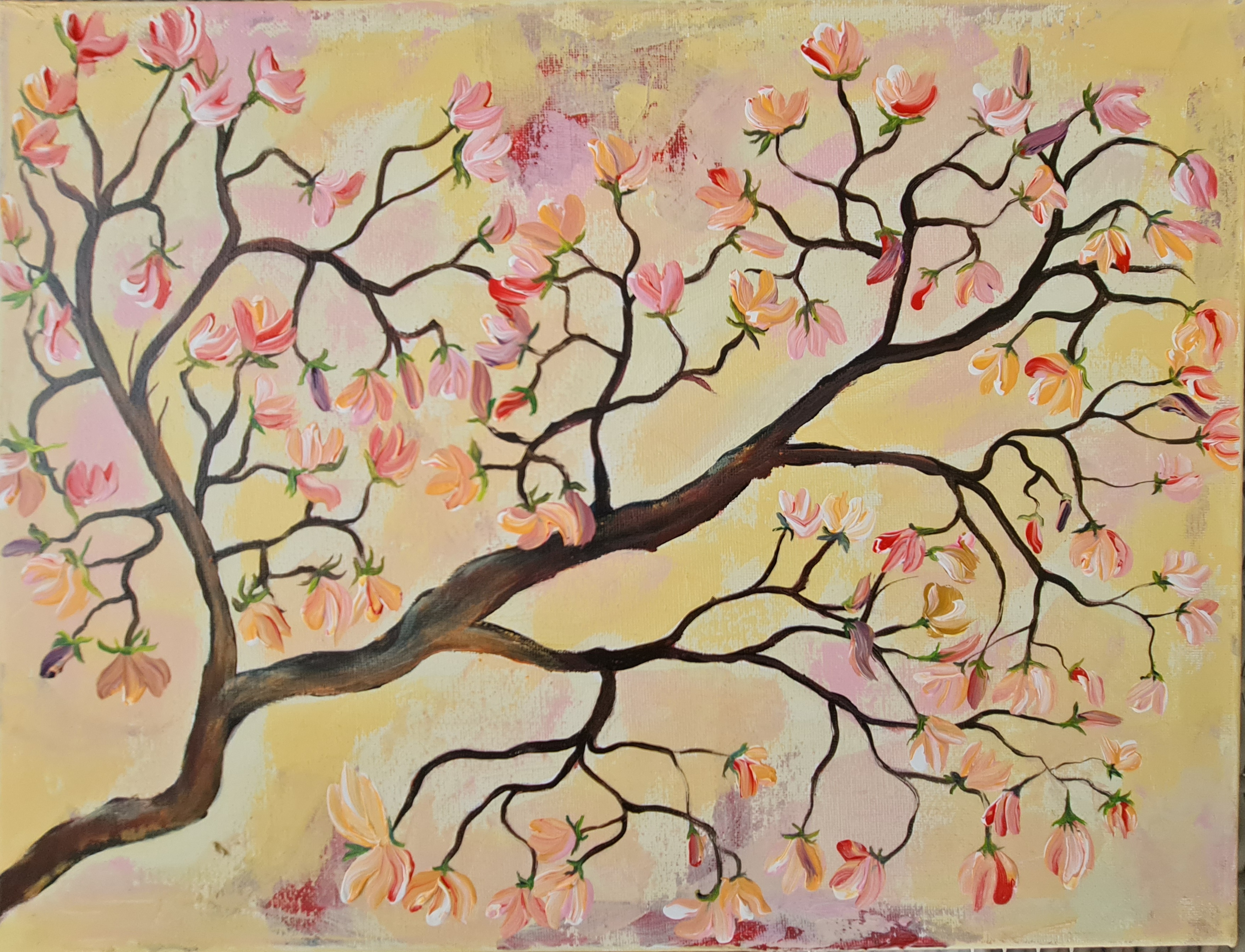 Blossoming Tree Branch Painting, Magnolia flower 