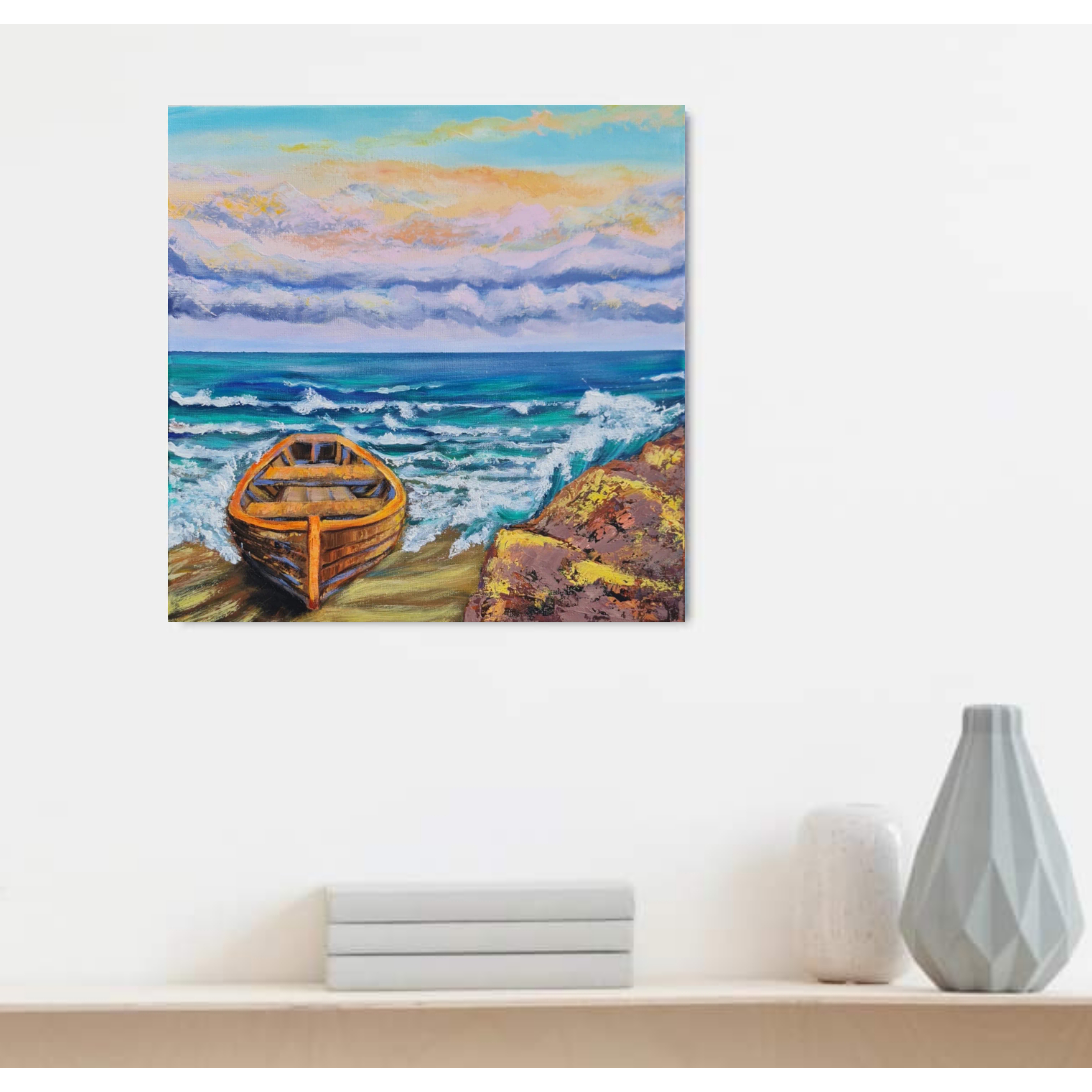 Seascape Painting, Wooden boat 