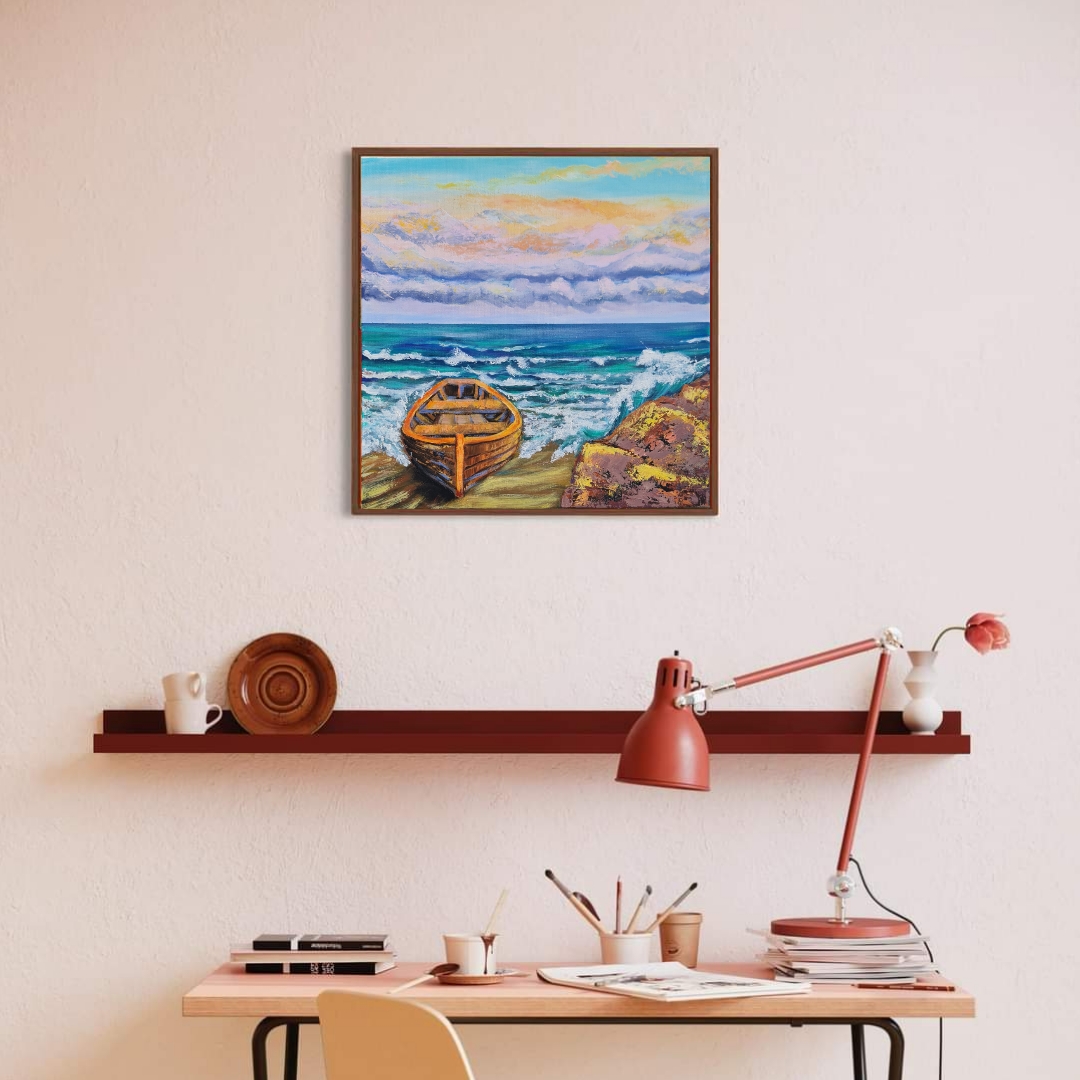 Seascape Painting, Wooden boat 