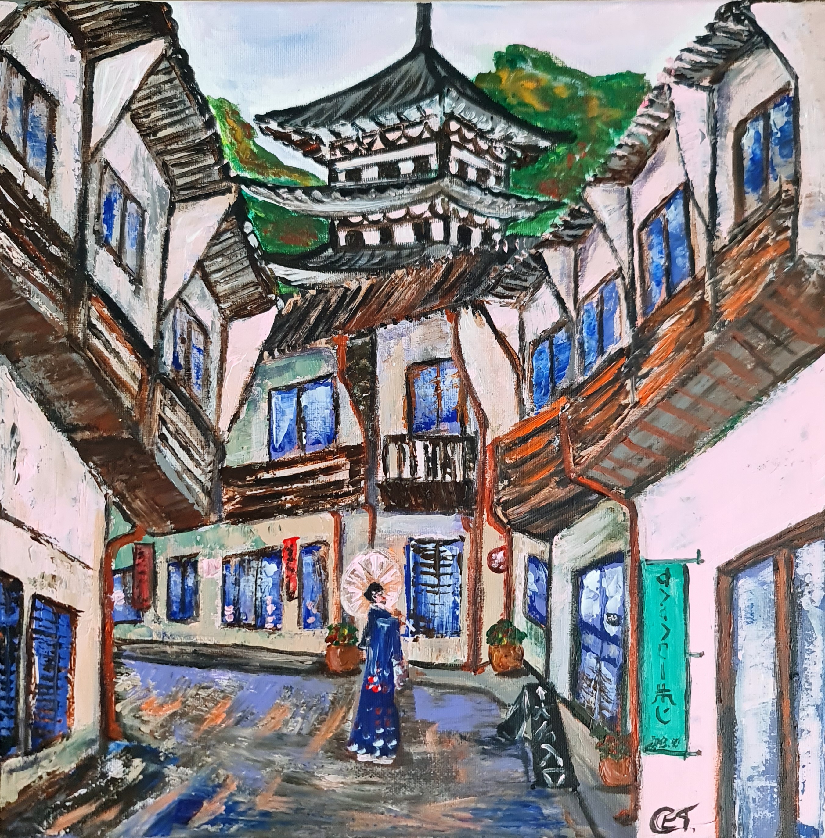 Traditional Japanese Street Scene Painting