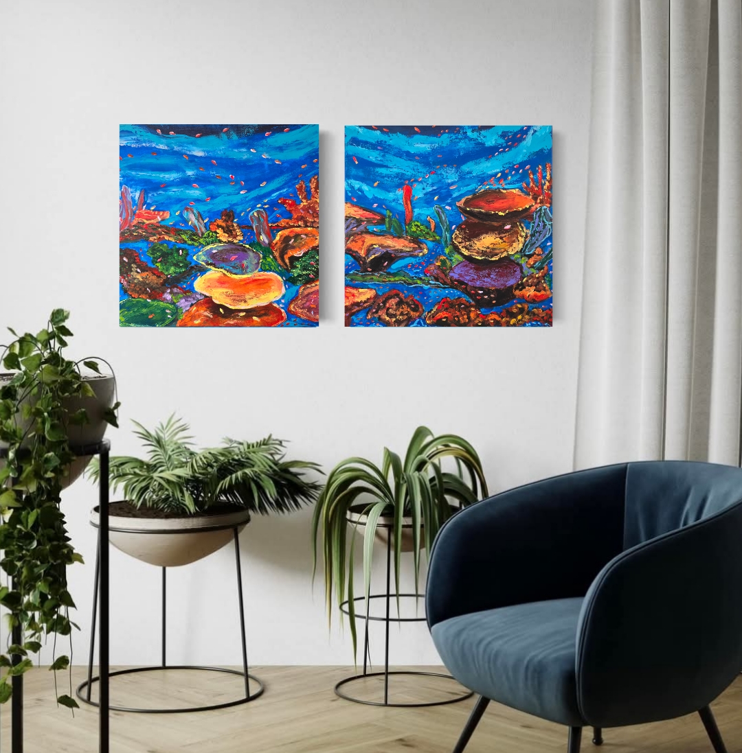 Underwater Landscape Painting Diptych Set