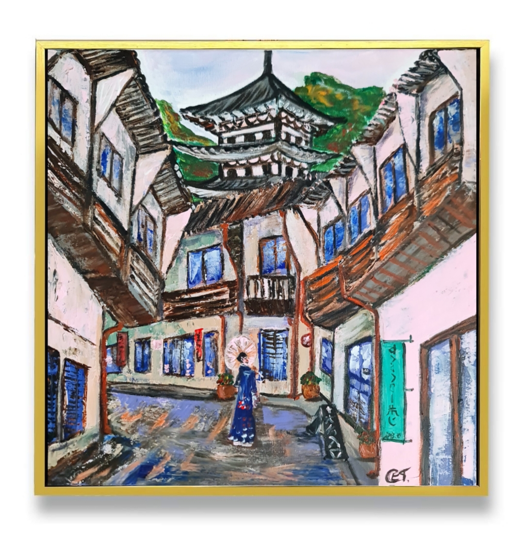 Traditional Japanese Street Scene Painting