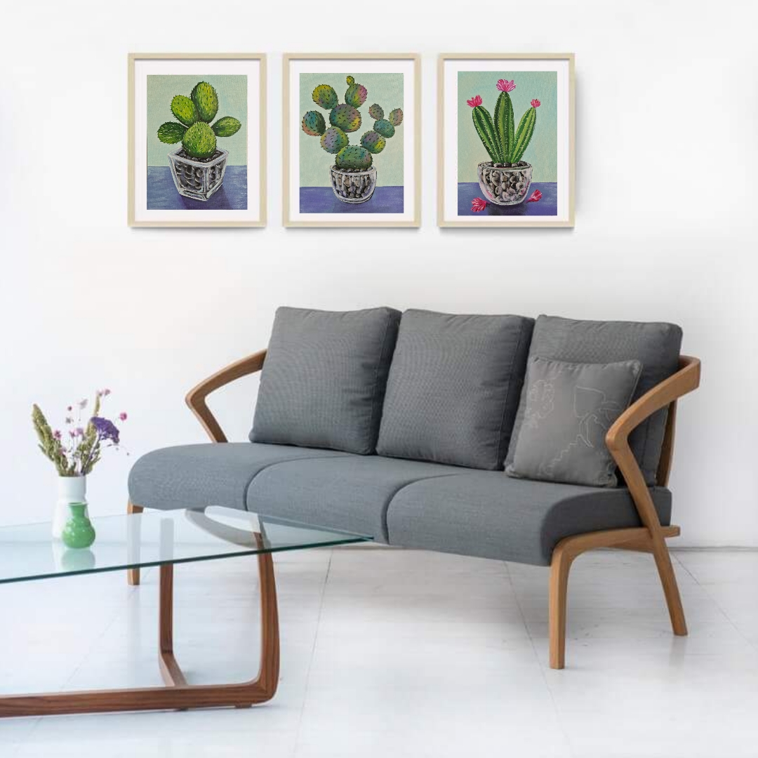 Cactus Painting, Triptych Set of 3 artworks 