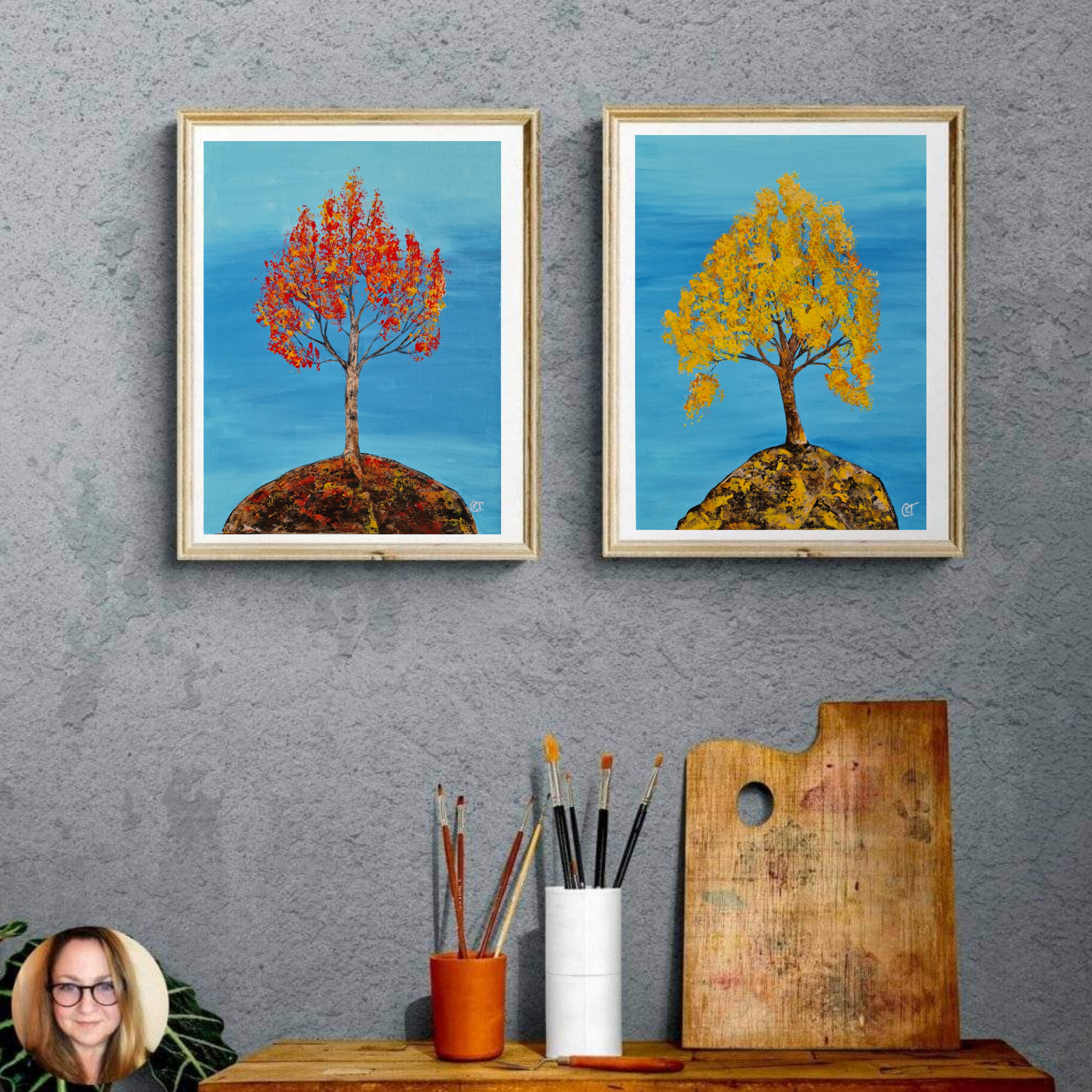 Autumn Tree Painting Set of Two artworks, Diptych 