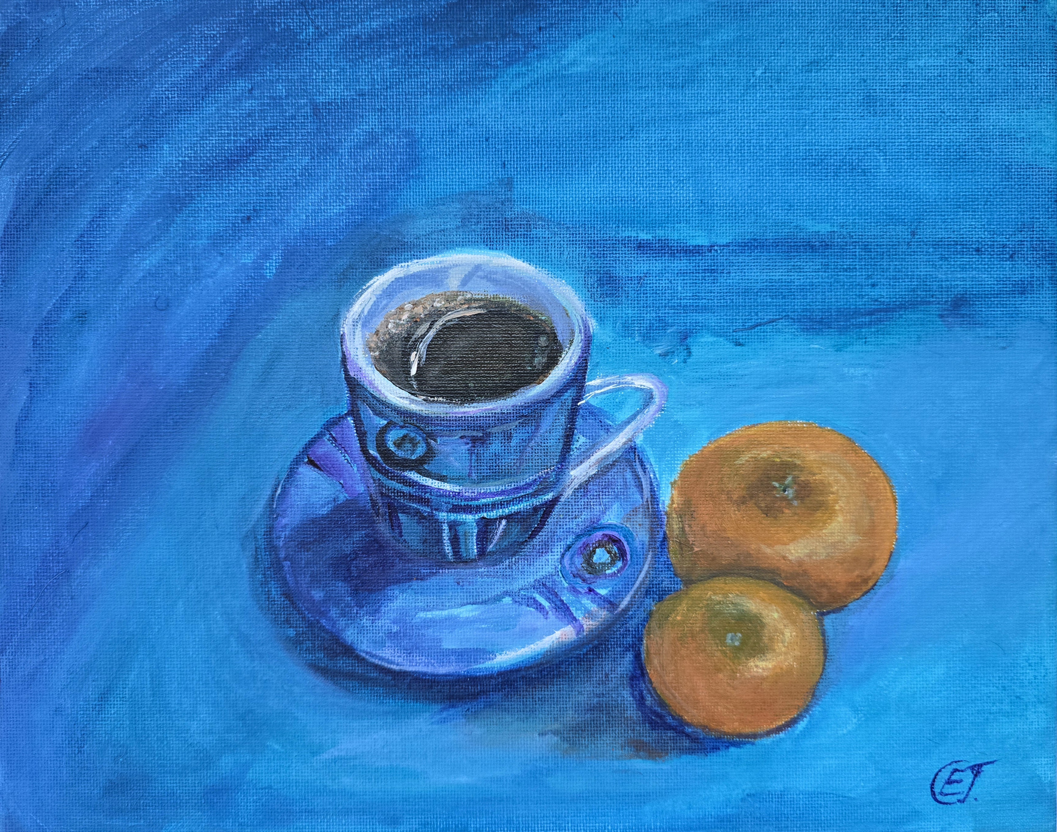 Blue Coffee Cup and two small Oranges Painting