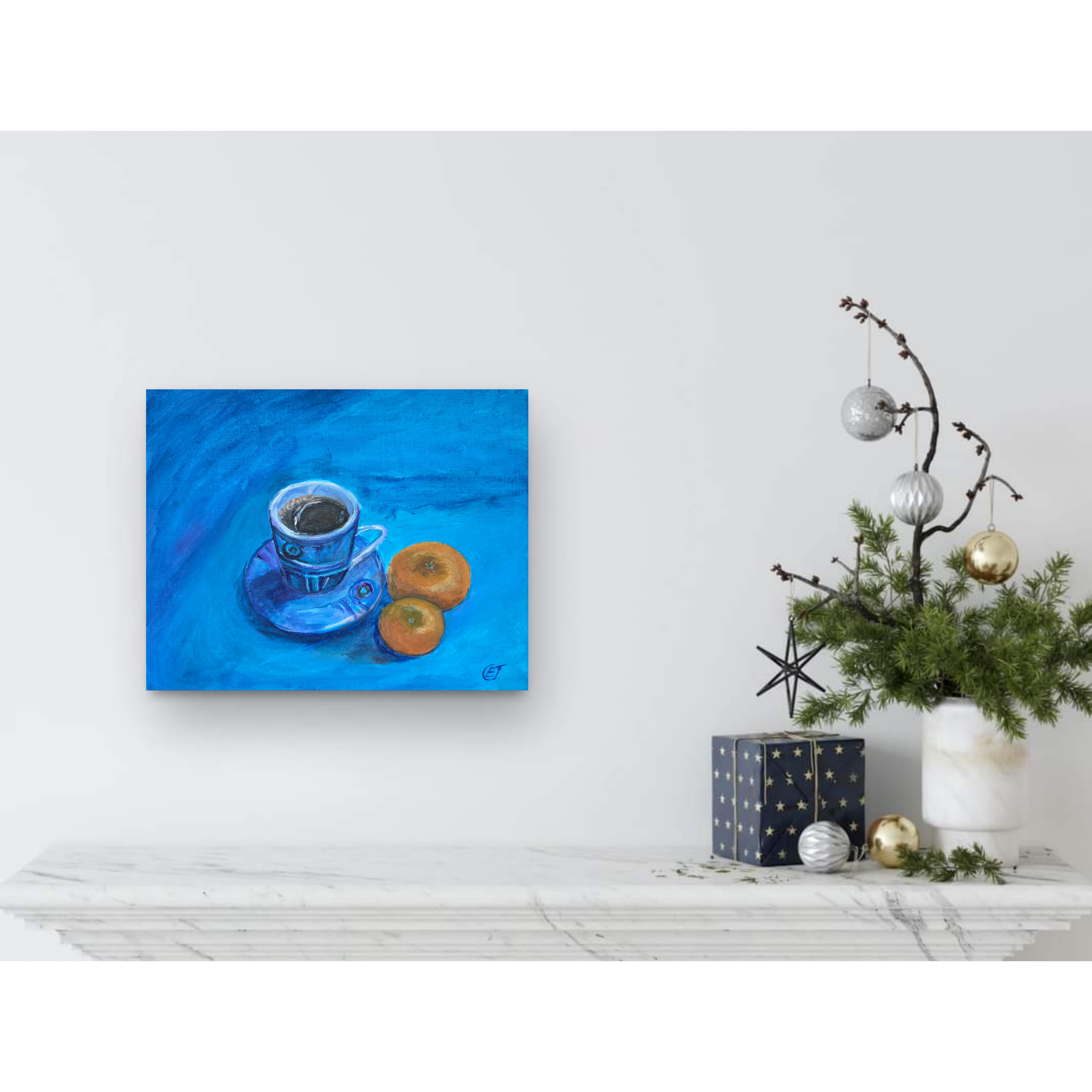 Blue Coffee Cup and two small Oranges Painting