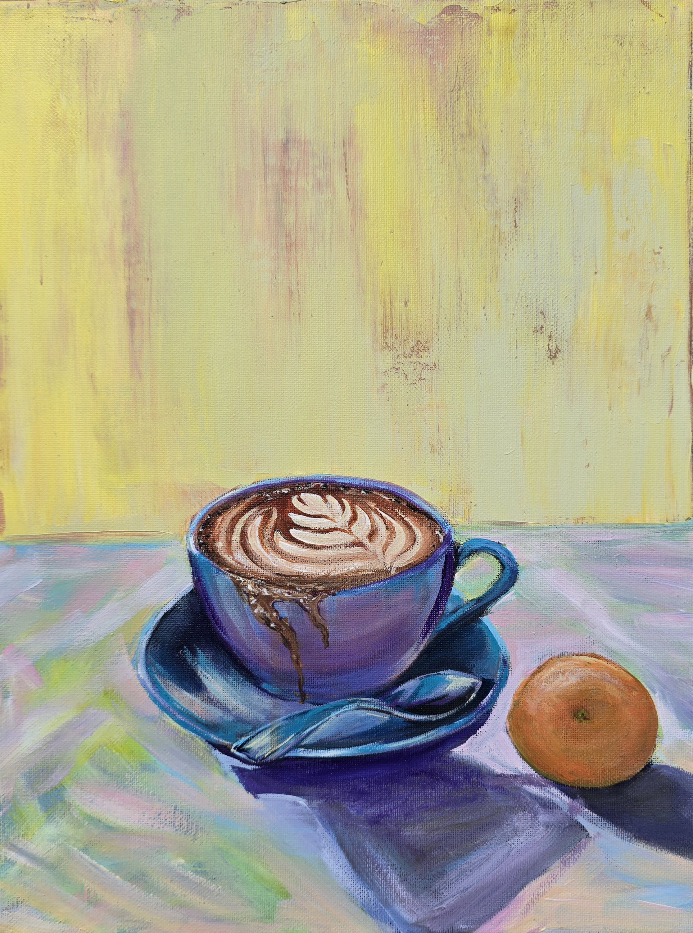 Hand-painted Coffee Art, Cappuccino cup painting and orange 