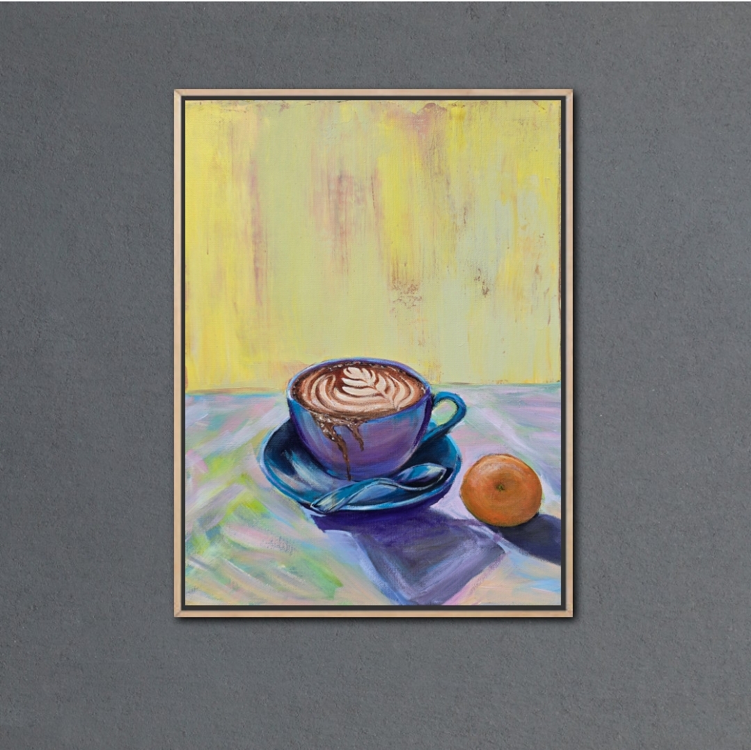 Hand-painted Coffee Art, Cappuccino cup painting and orange 