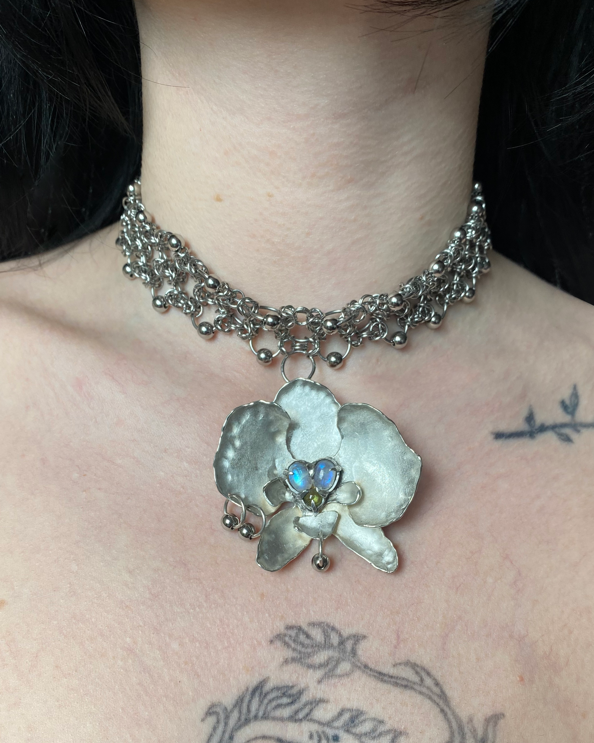 Pierced Silver Orchid Choker