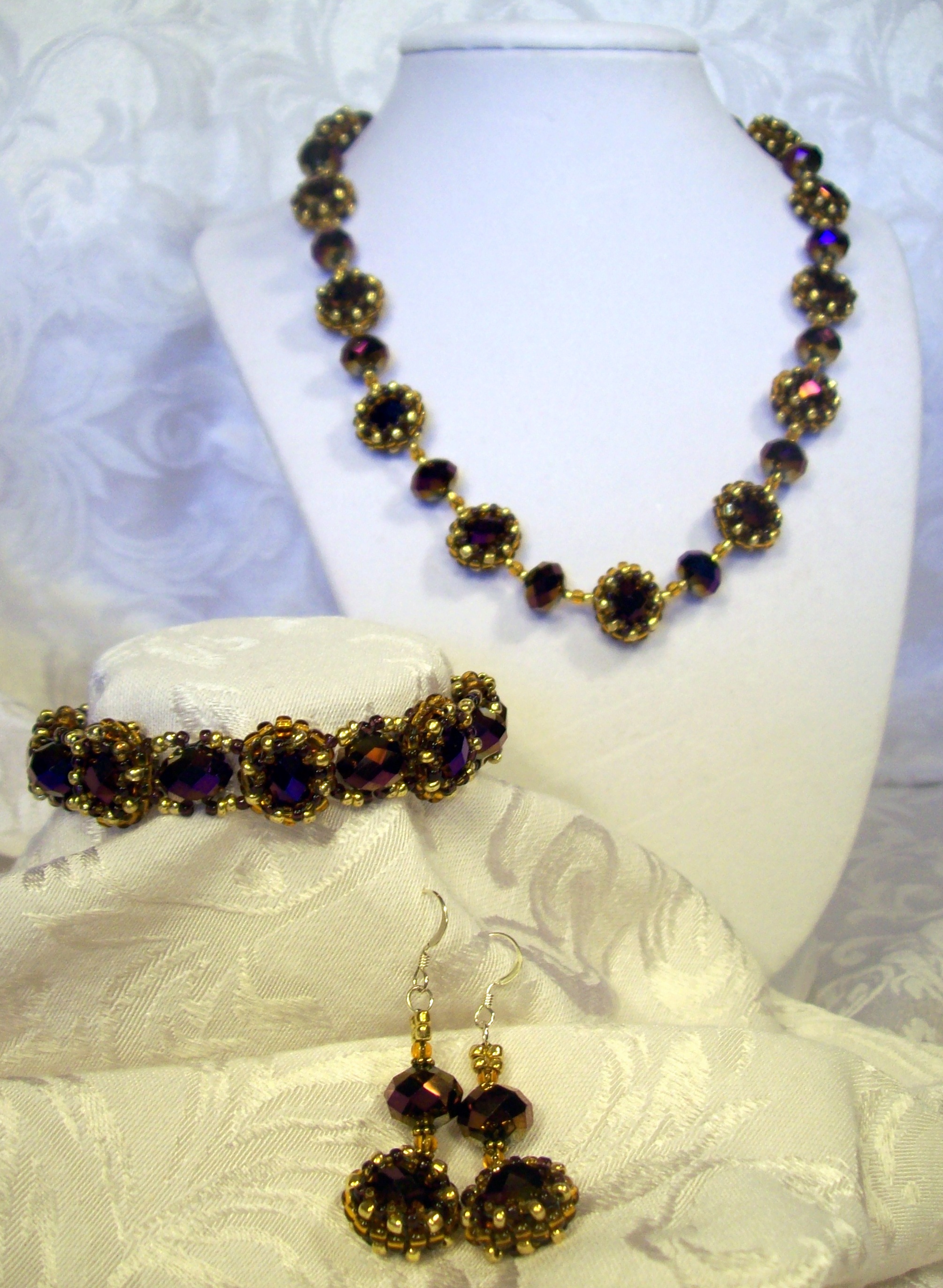 Hand Beaded Faceted  Purple glass Necklace Set  