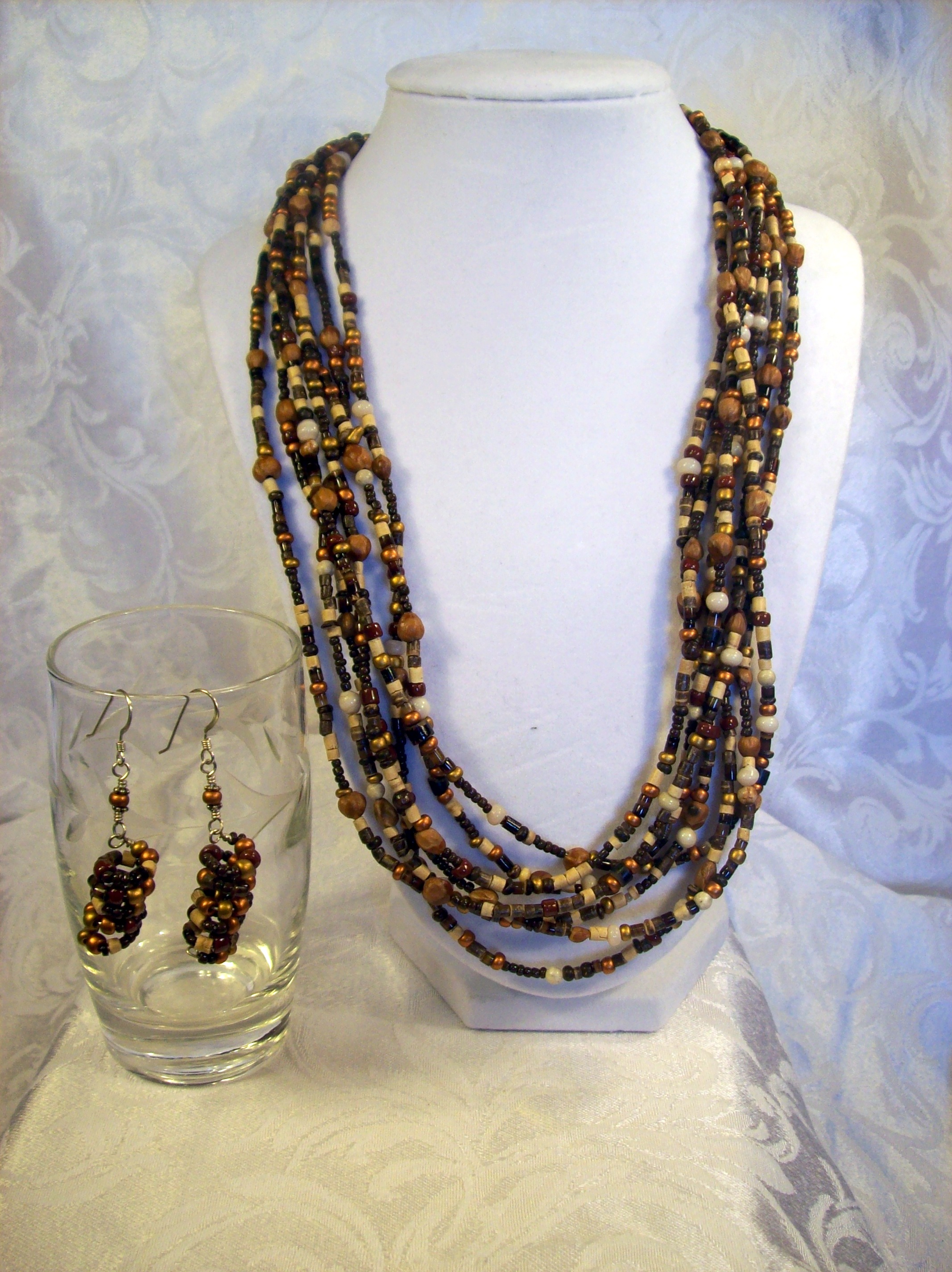 6 Strand Coconut Shell, Wood, Vintage Glass, Necklace 
