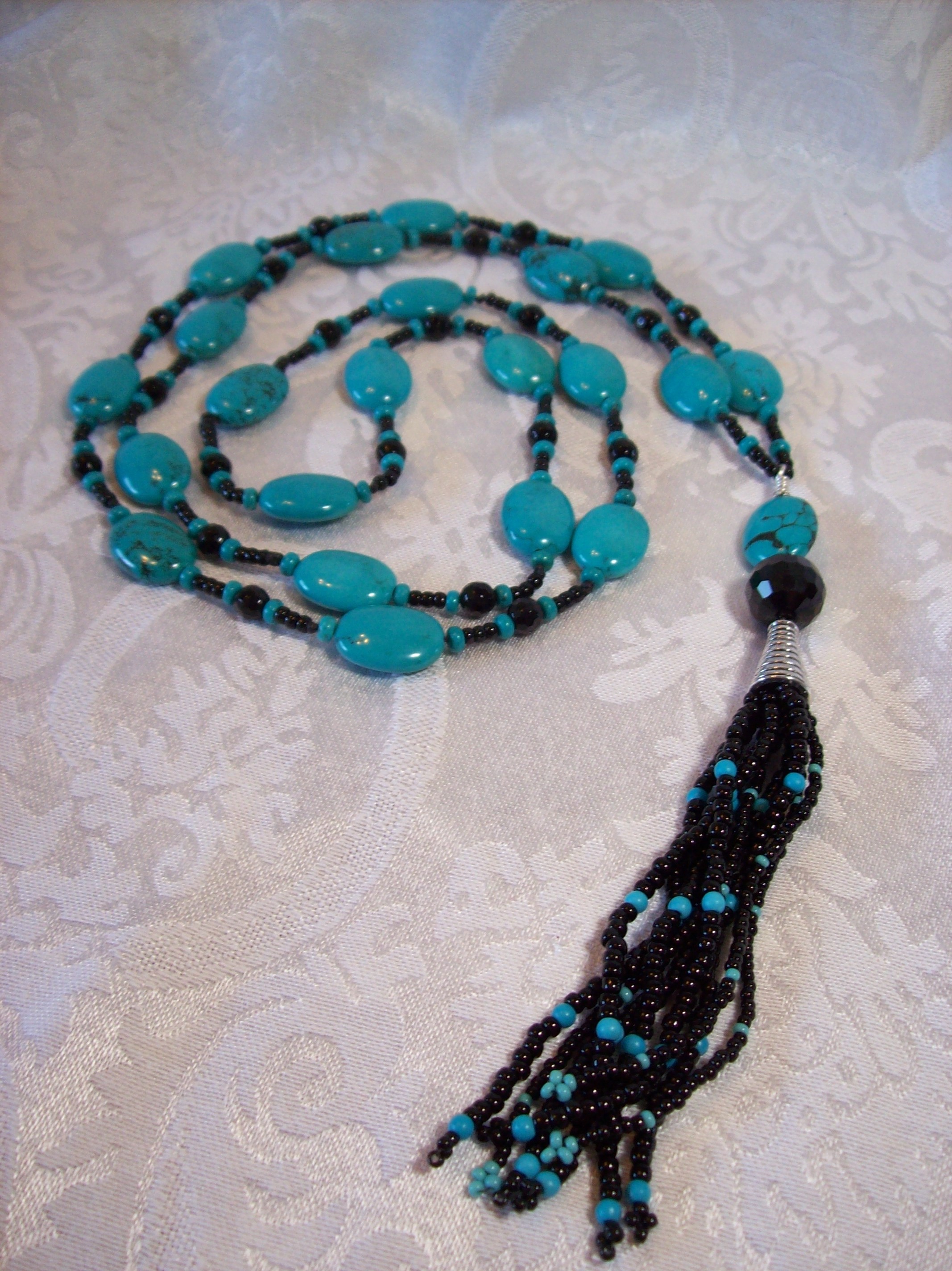 Turquoise and Black Stone Tassel Necklace 