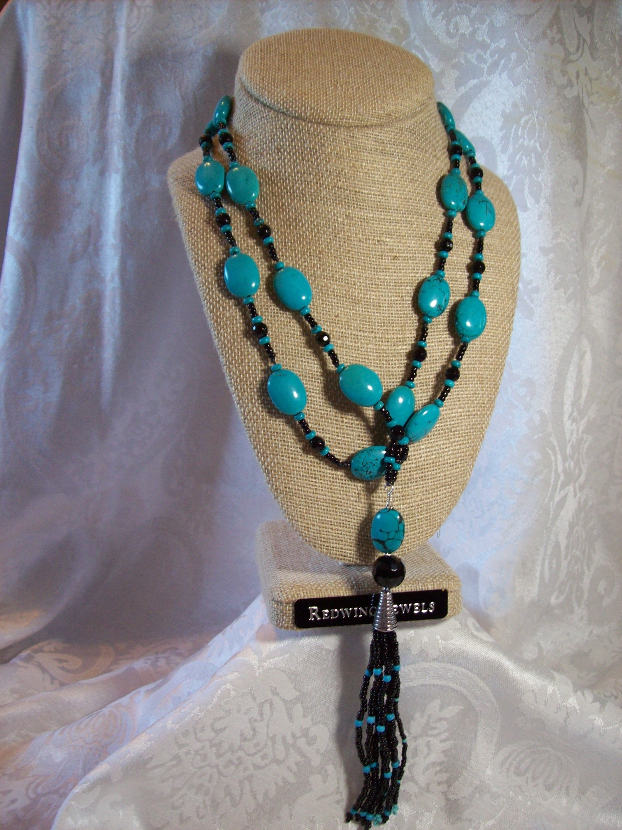 Turquoise and Black Stone Tassel Necklace 