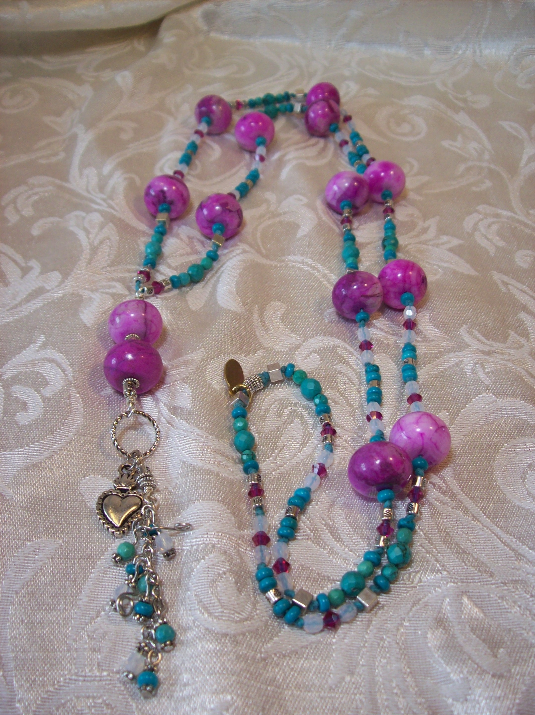 Semi-Precious Pink Agate and Turquoise Tassel Necklace 