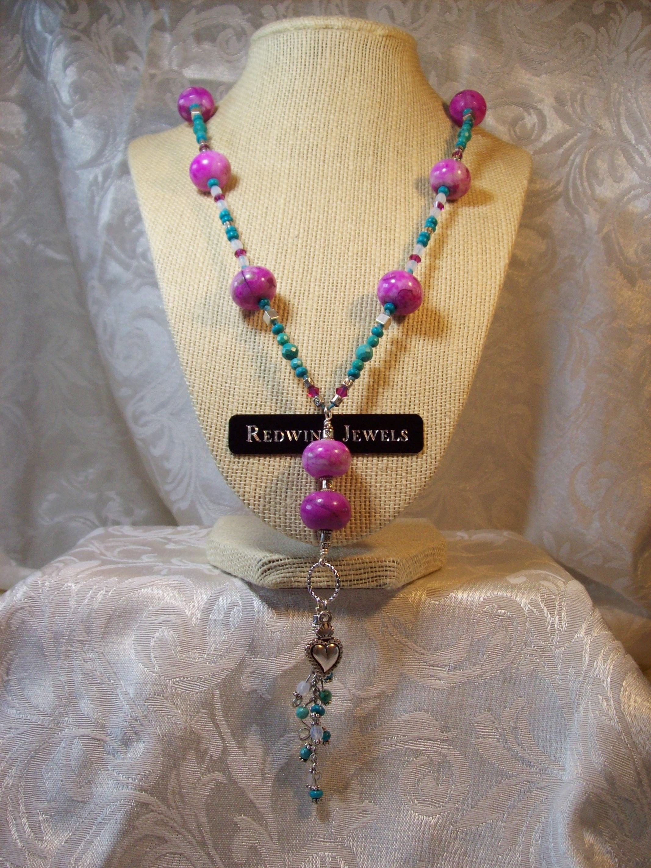 Semi-Precious Pink Agate and Turquoise Tassel Necklace 