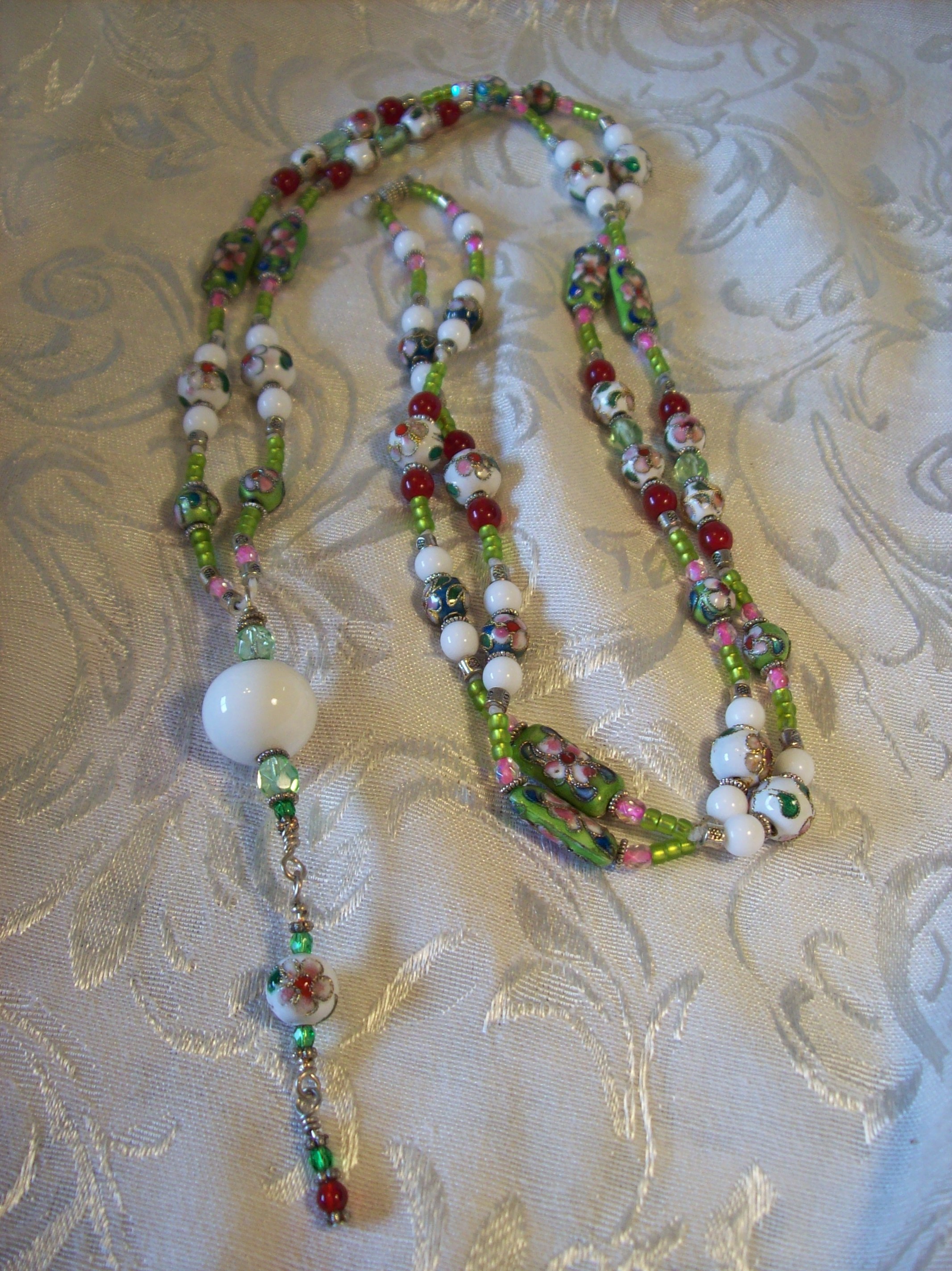 White & Green Cloisonné Tassel Necklace
