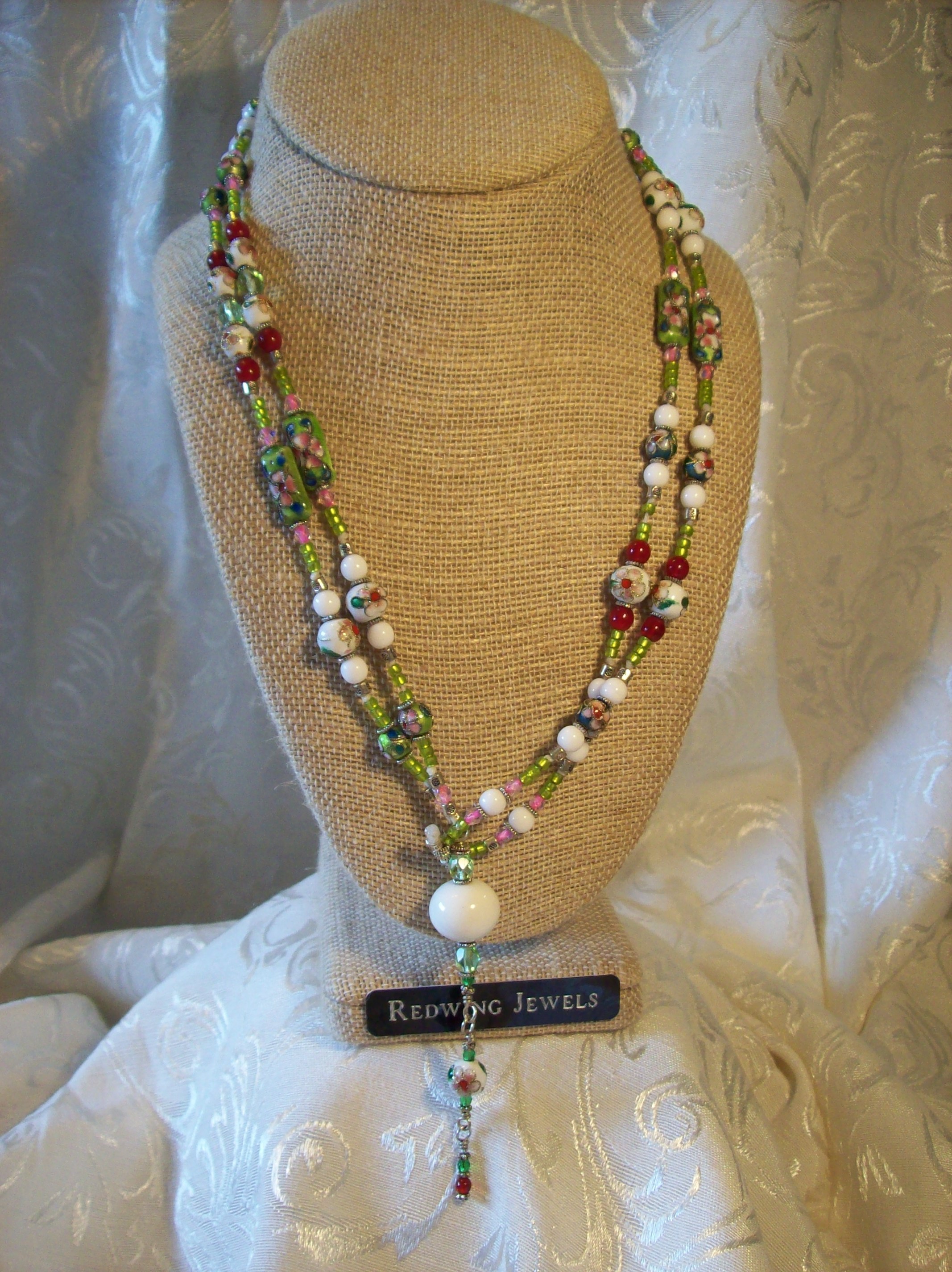 White & Green Cloisonné Tassel Necklace