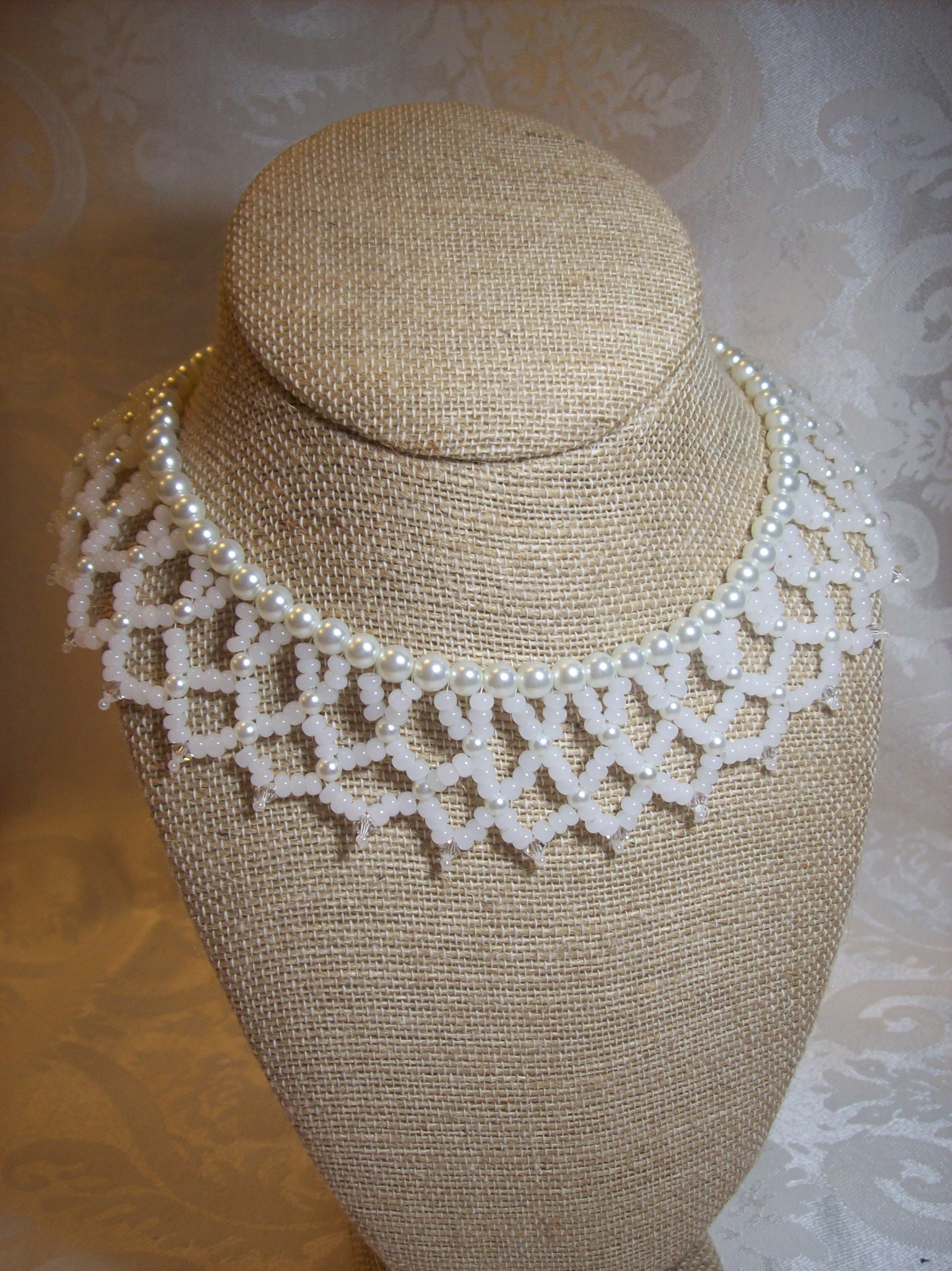 Glass White Pearl and Swarovski crystal Collar Necklace
