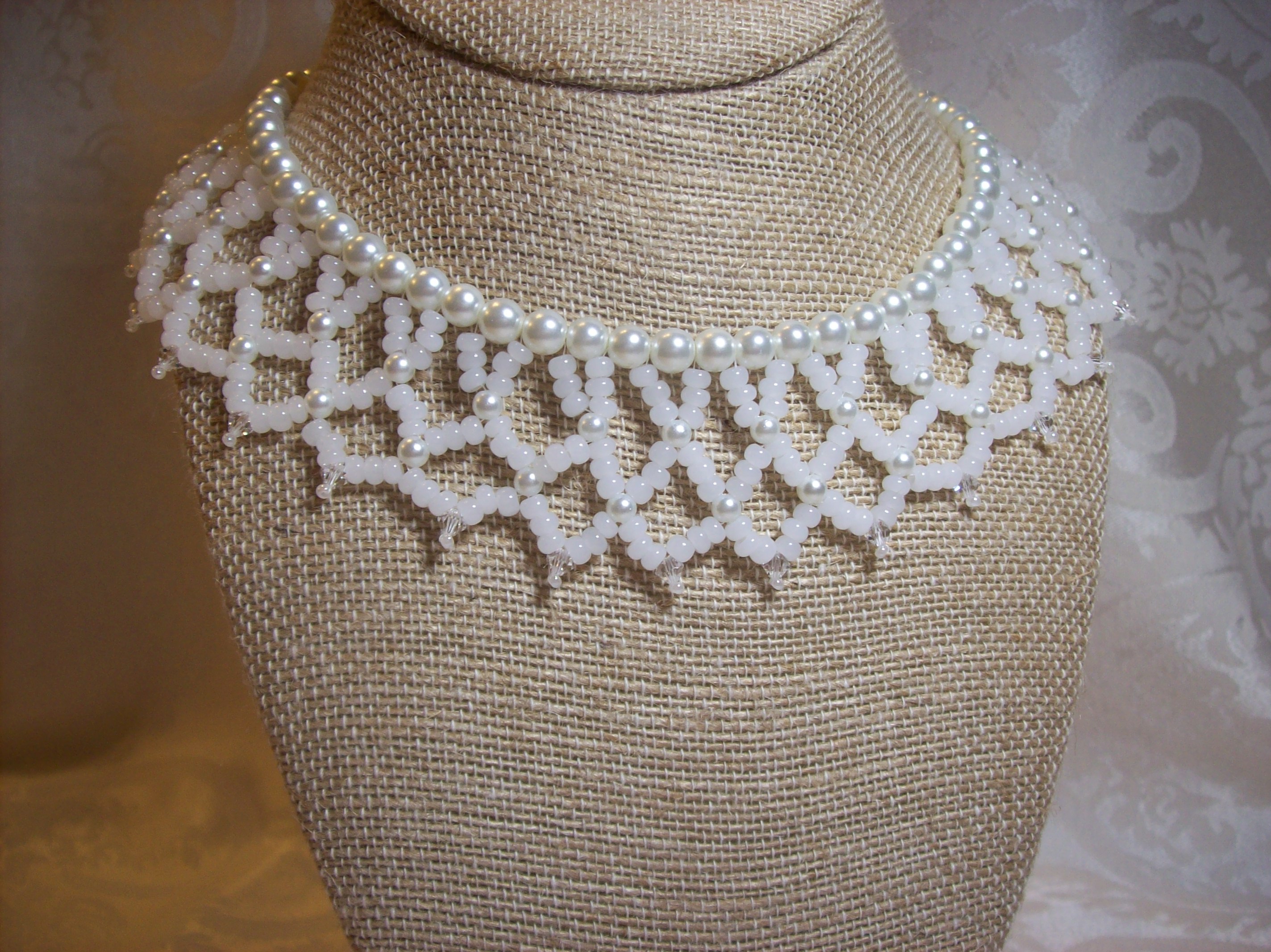 Glass White Pearl and Swarovski crystal Collar Necklace