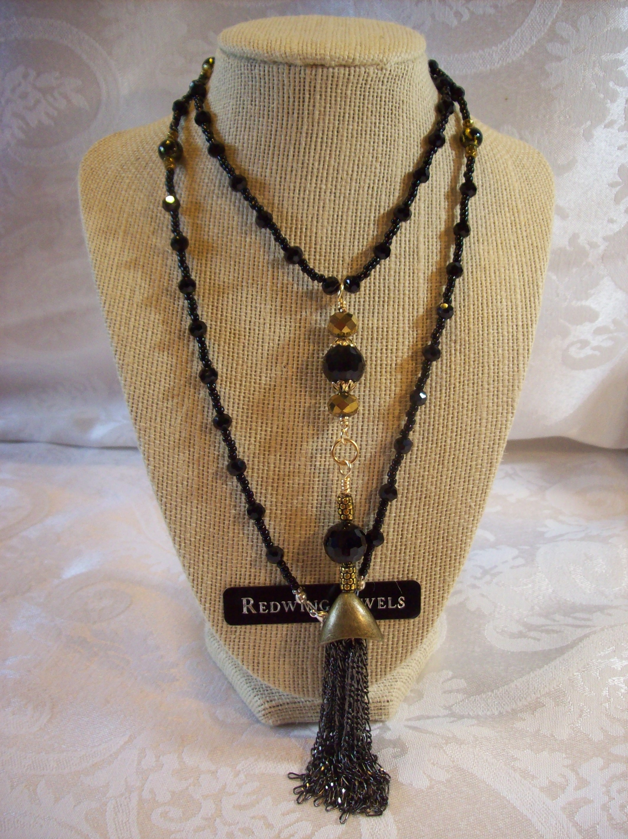 Faceted Black & Gold glass Tassel Necklace