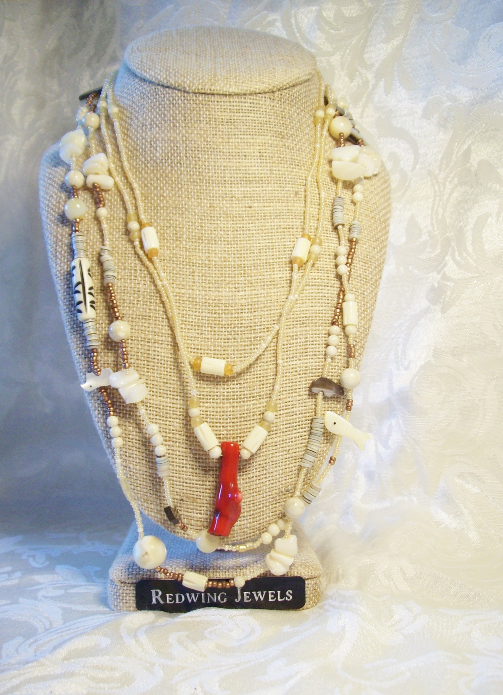 Mother of Pearl, Fetishes, Fossil stone, Bamboo Coral Necklace