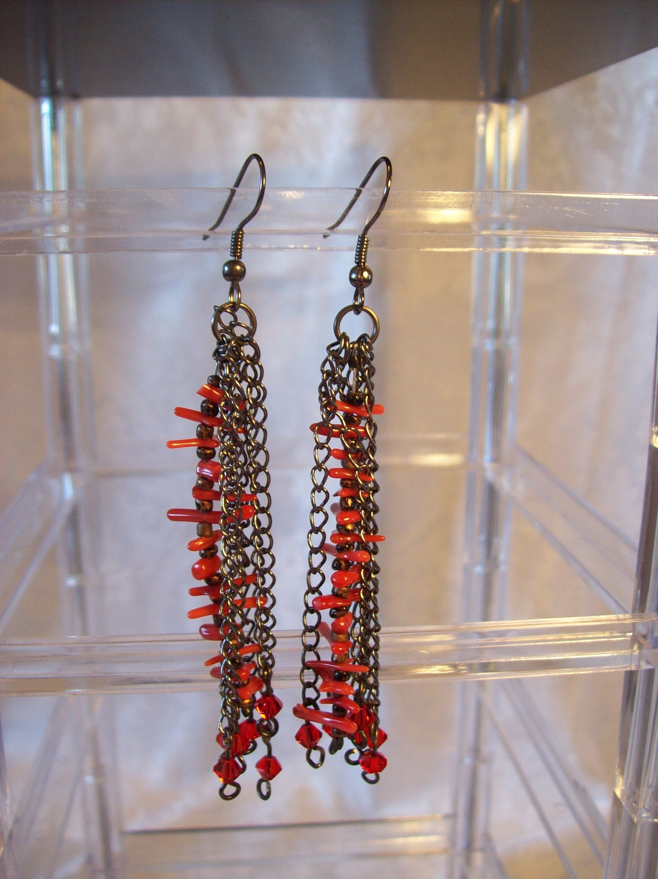 Red Bamboo Coral and Swarovski crystal Earrings 