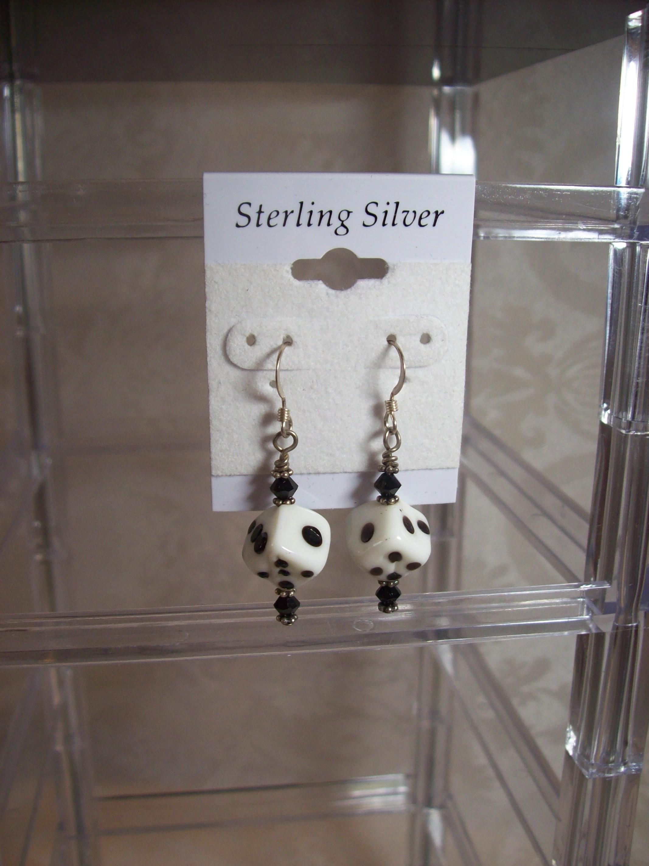 White Lampwork glass Dice Earrings 