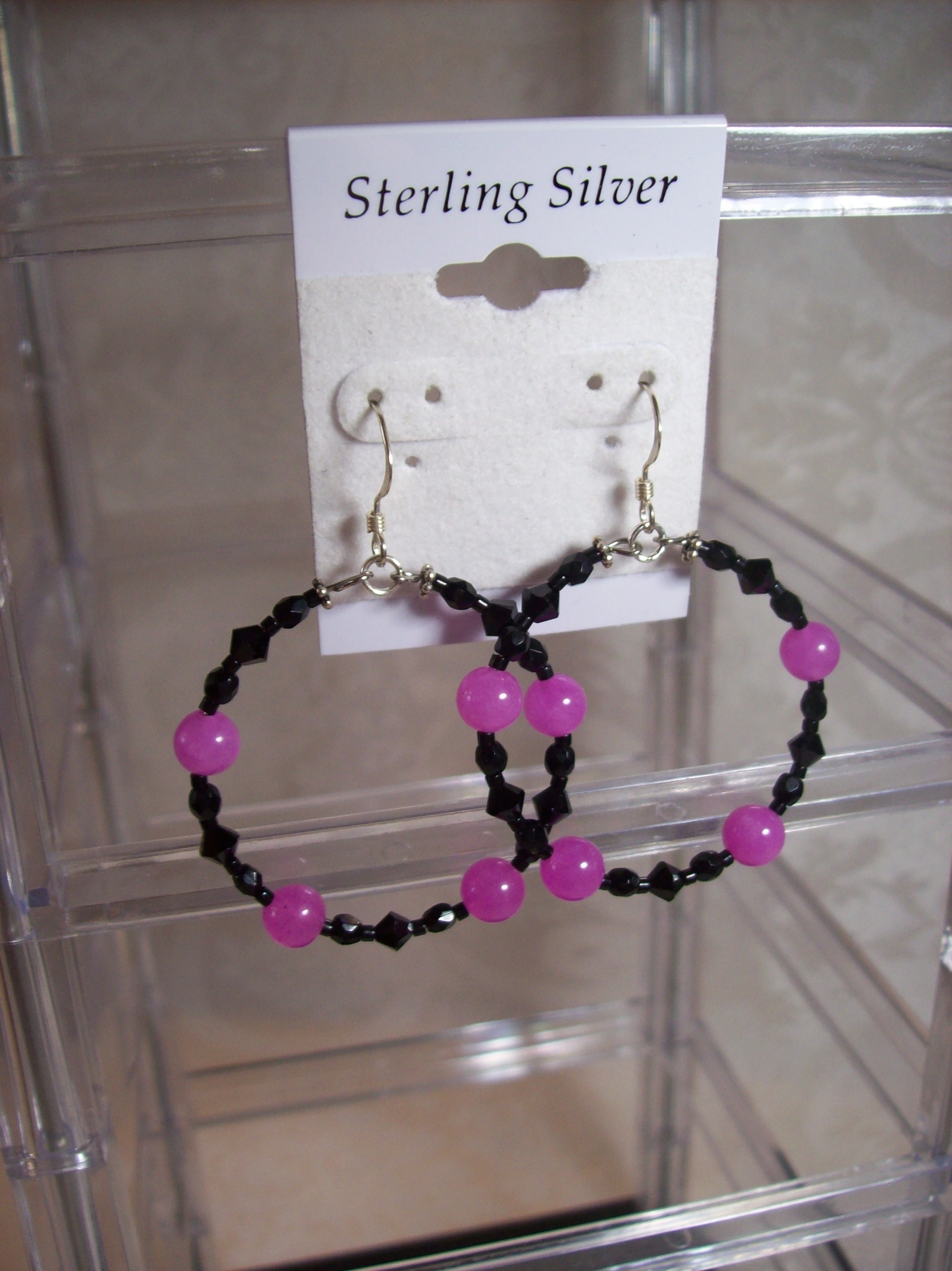 Pink Jade and Swarovski crystal Hoop Earrings