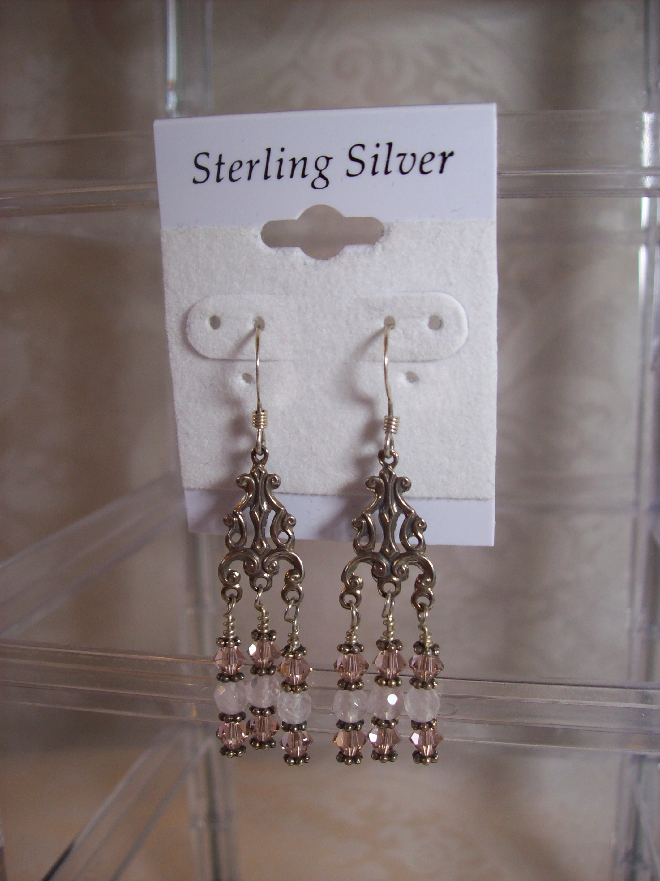 Sterling Silver Filigree with faceted Rose Quartz and Swarovski crystal Chandelier Earrings 