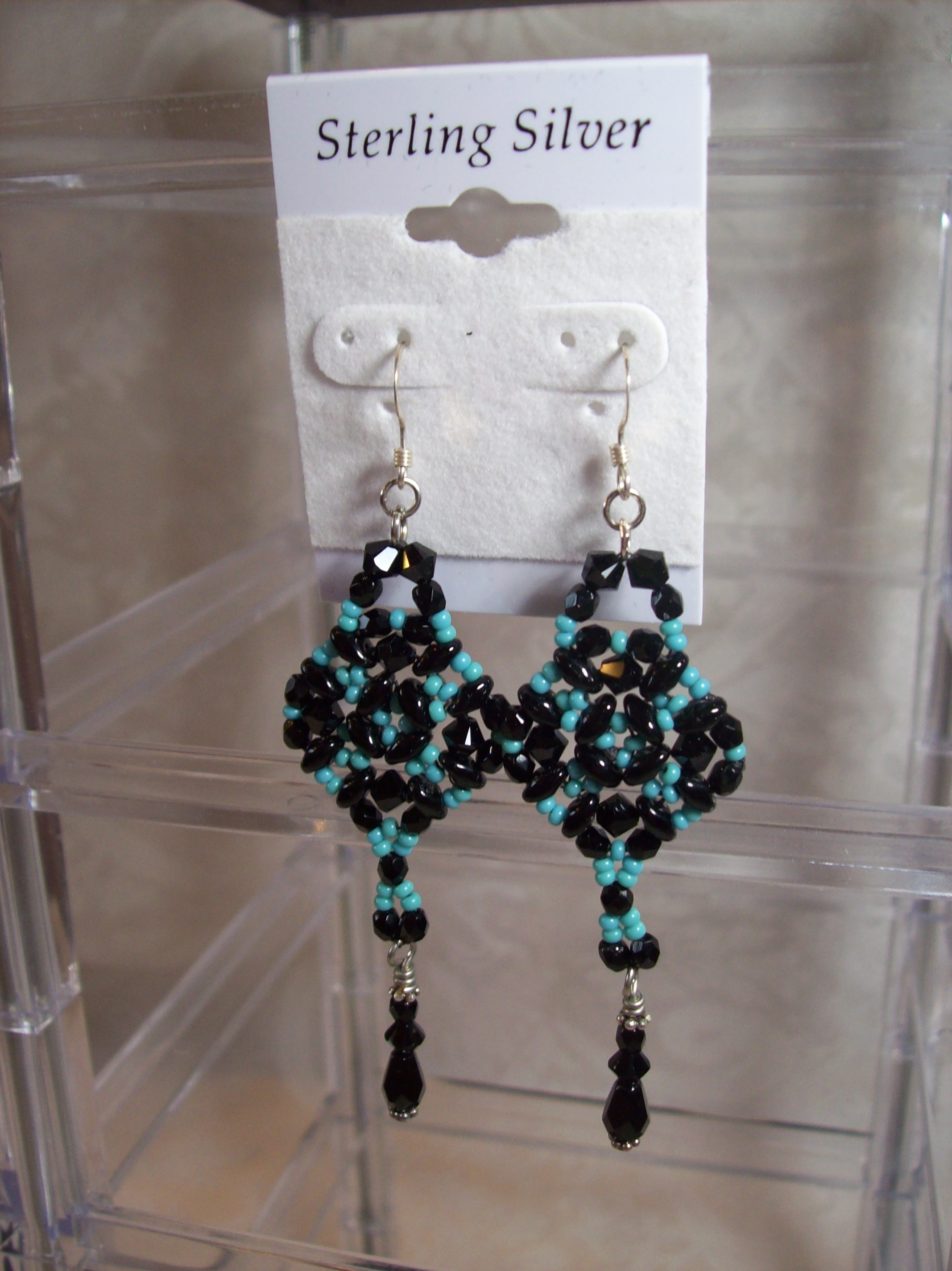 Hand beaded Faceted Black & Blue Chandelier Earrings