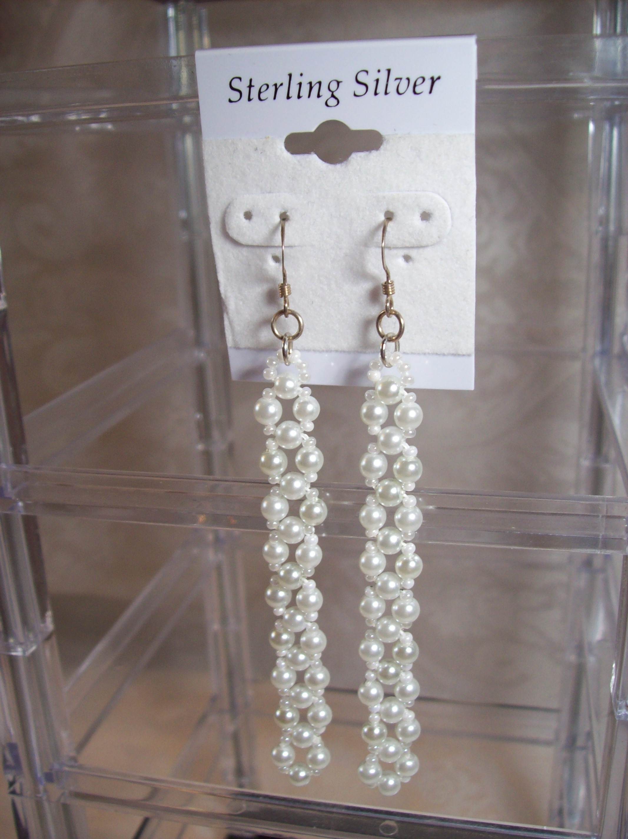 White Glass Pearls Chandelier Earrings with Sterling Silver hooks 