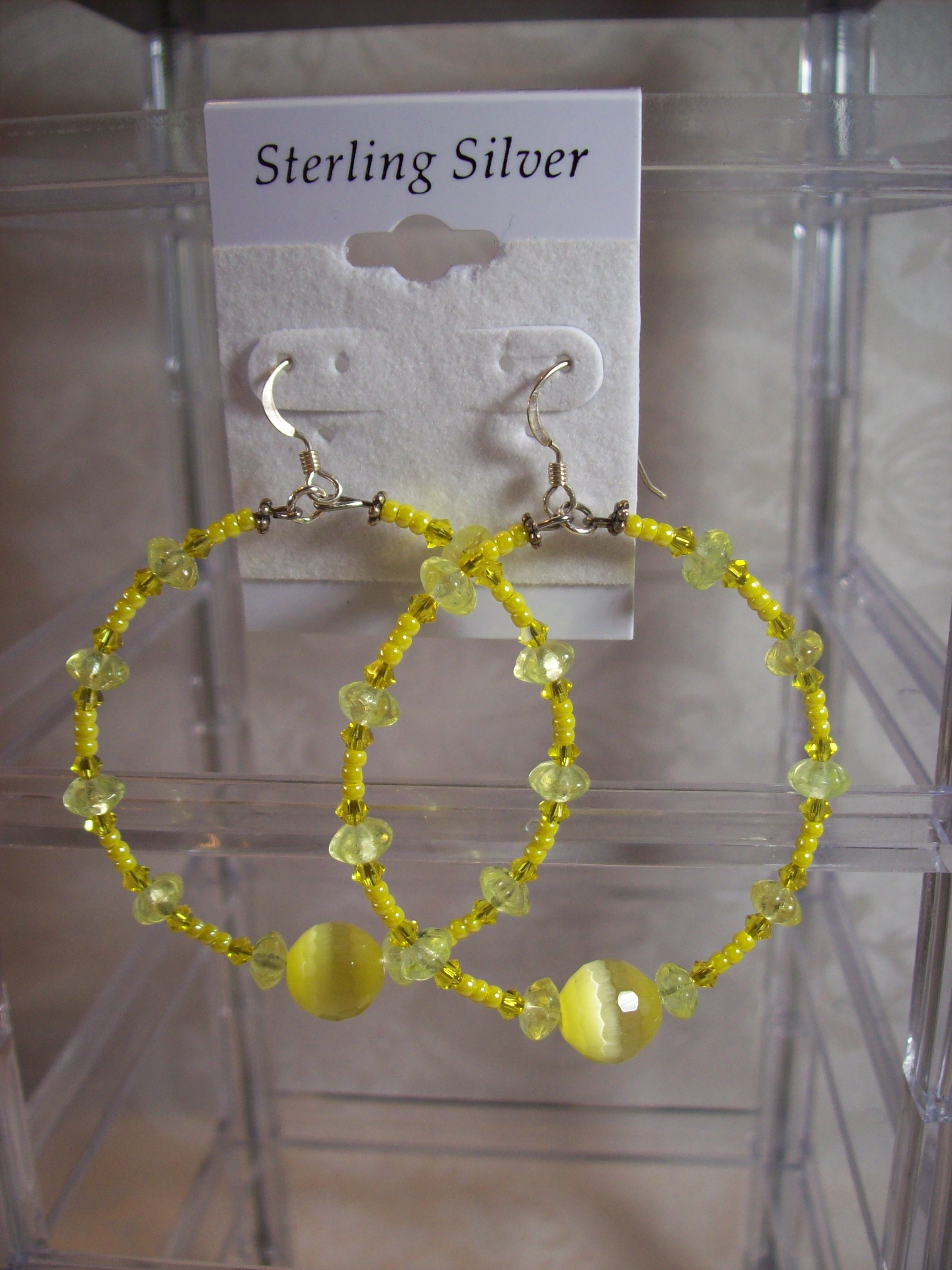 Yellow Fiber Optic glass with Swarovski crystal Hoop Earrings