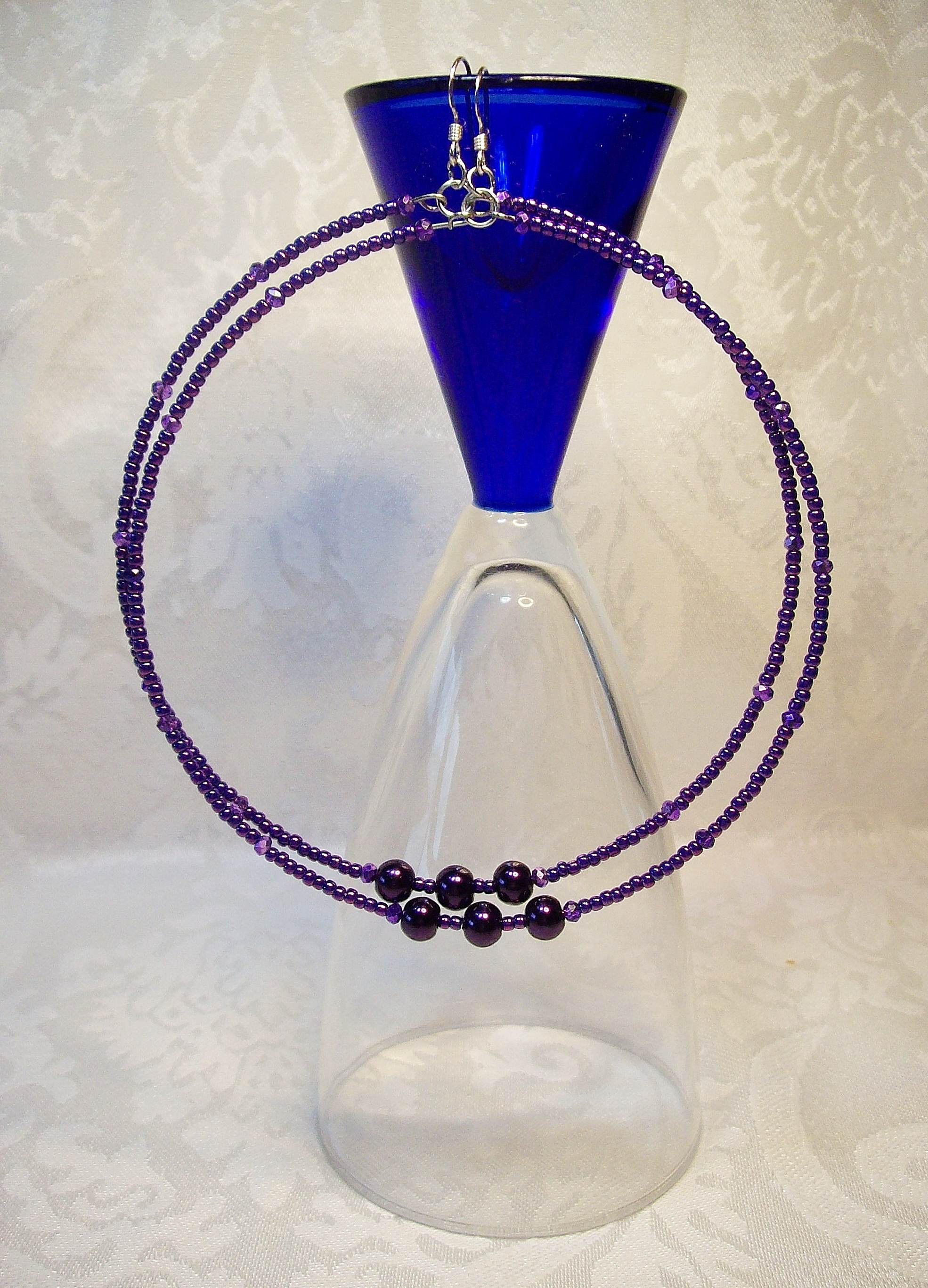 Purple glass Pearl Lg. Hoop Earrings with Sterling Silver hooks