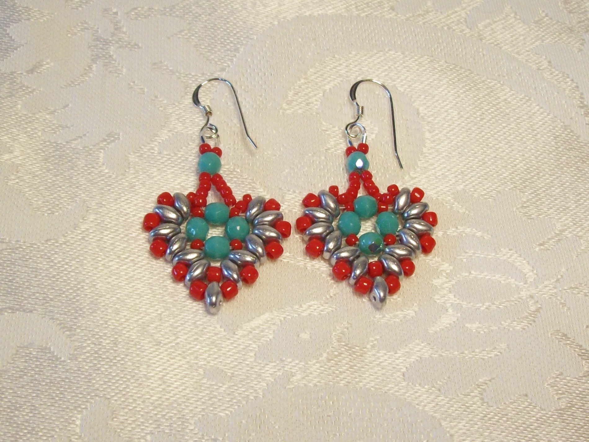 Turquoise, Red & Silver Heart Earrings with Sterling Silver hooks 